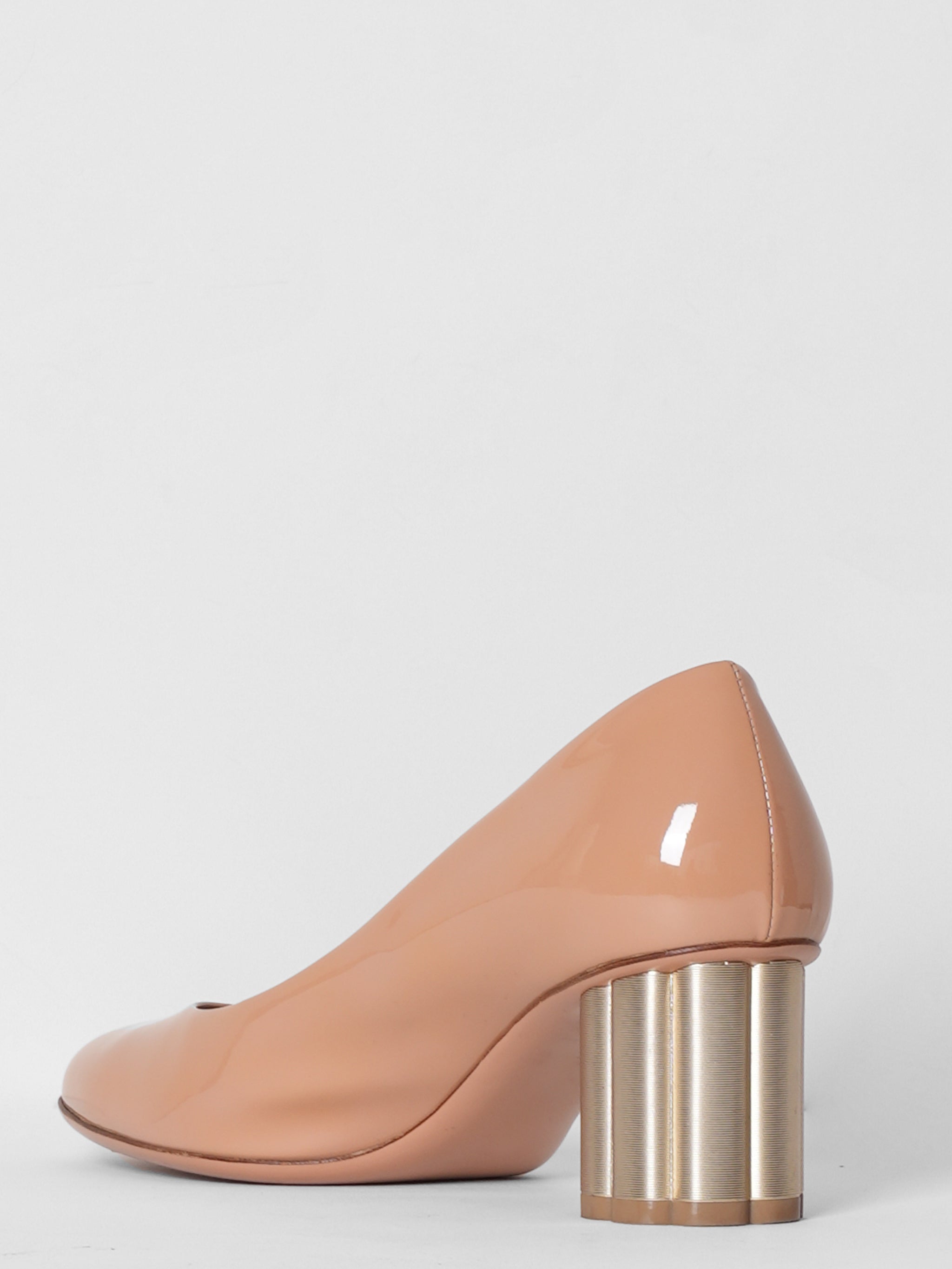Salvatore Ferragamo Patent Leather Lucca Silver Flower Heel Pumps