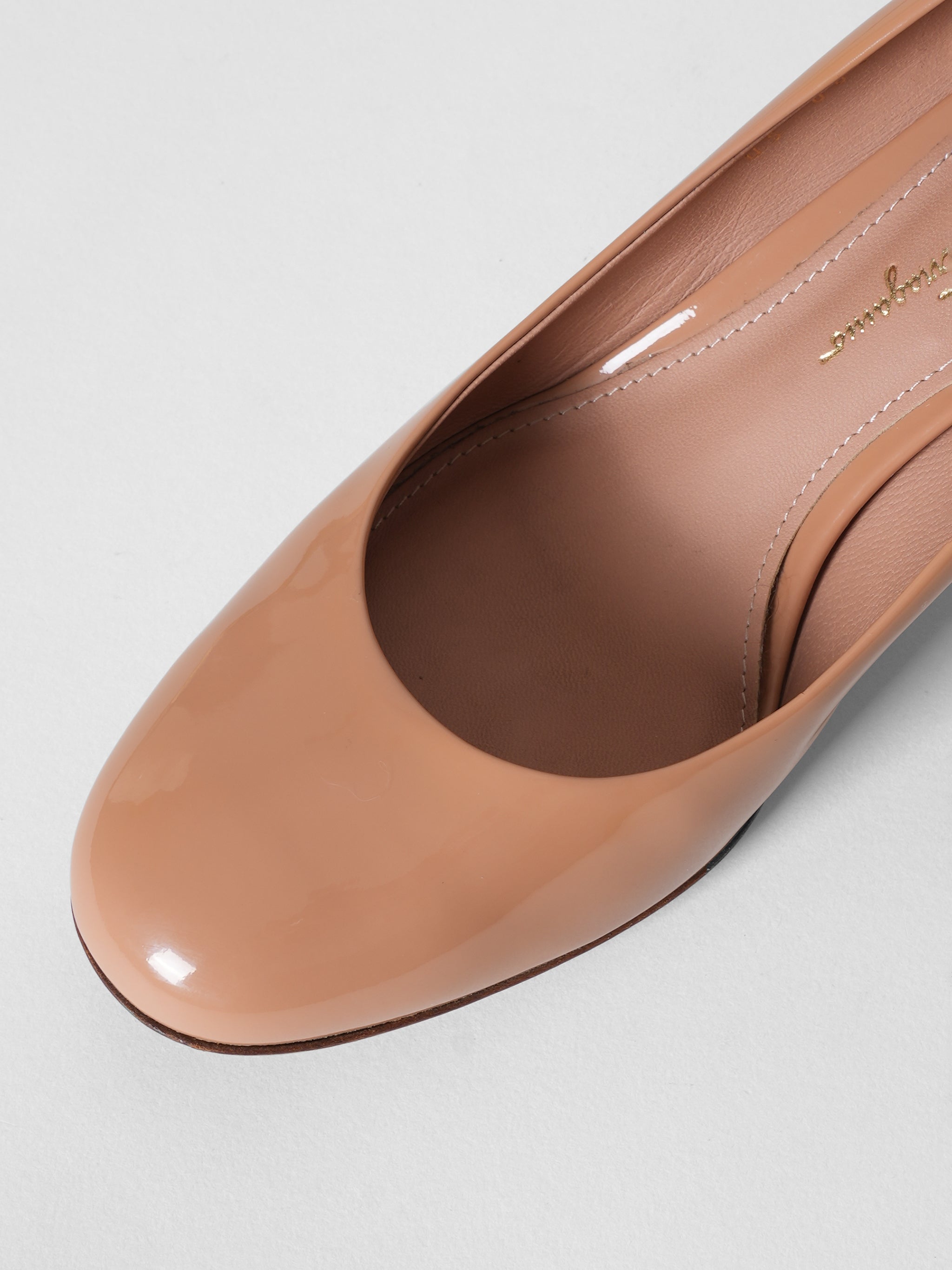 Salvatore Ferragamo Patent Leather Lucca Silver Flower Heel Pumps