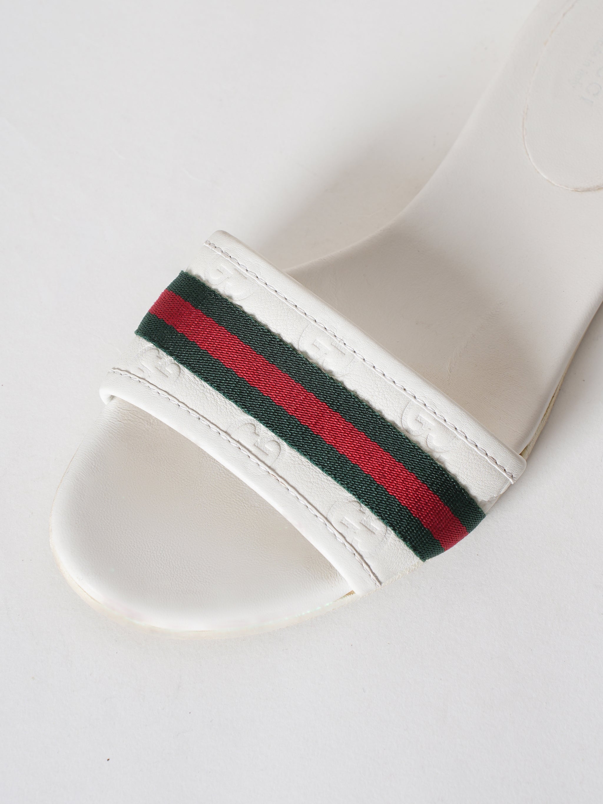 Gucci White Guccissiam Leather Web Flat Slide Sandals