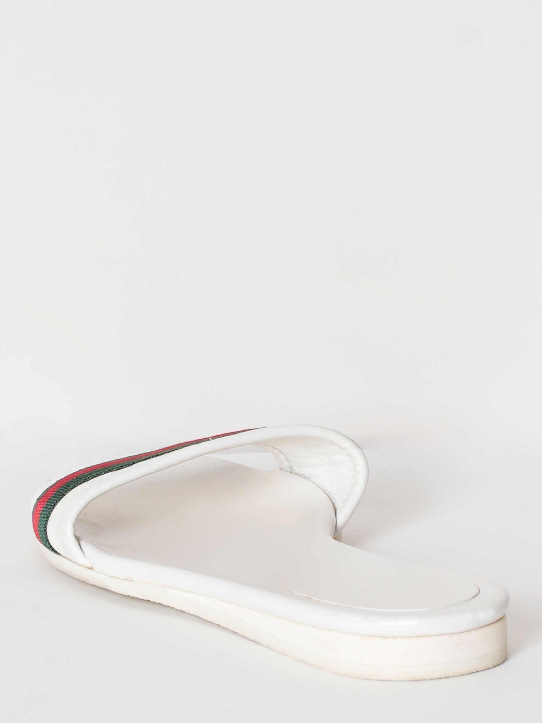 Gucci White Guccissiam Leather Web Flat Slide Sandals