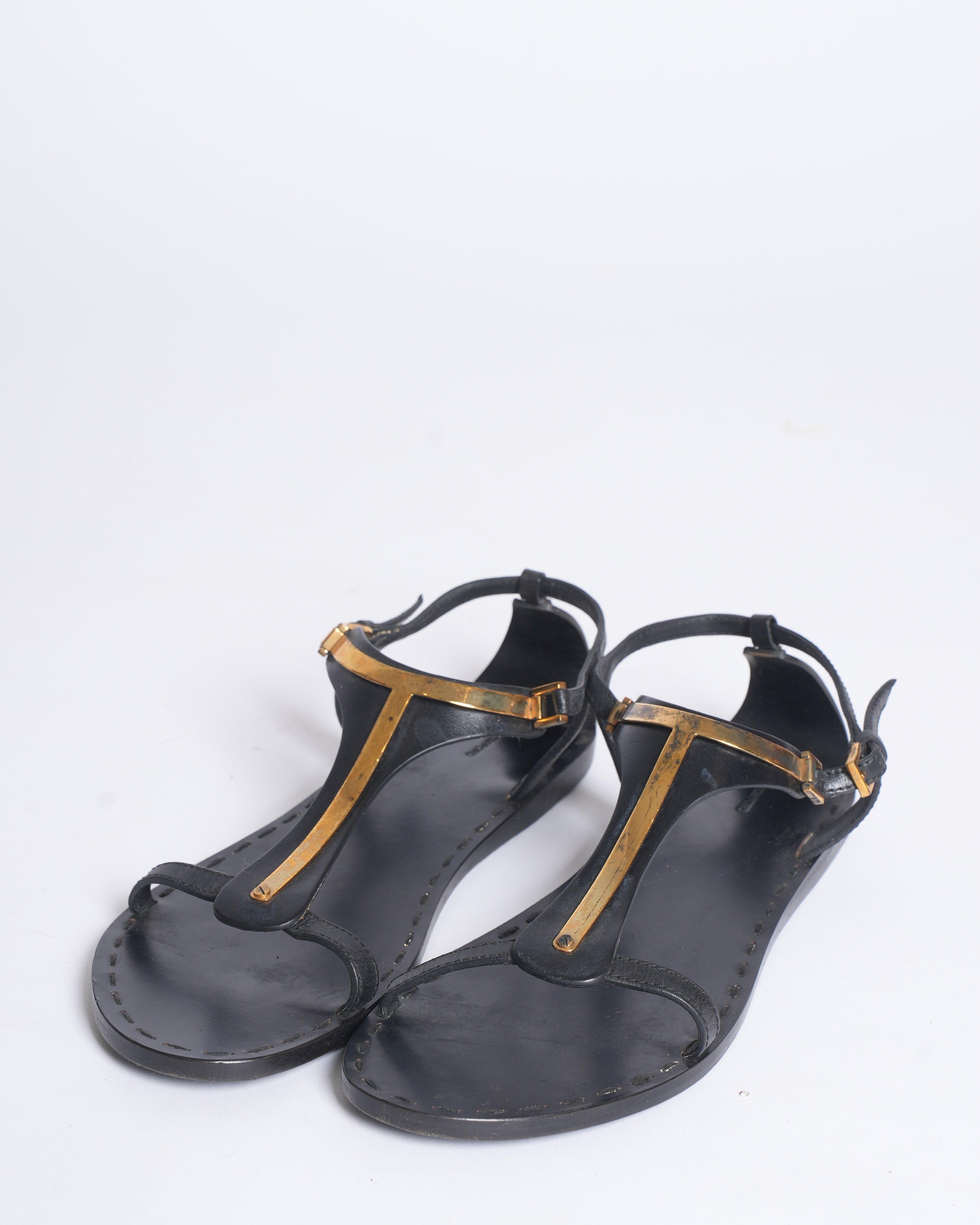 Tom Ford Black Leather T-Strap Sandals