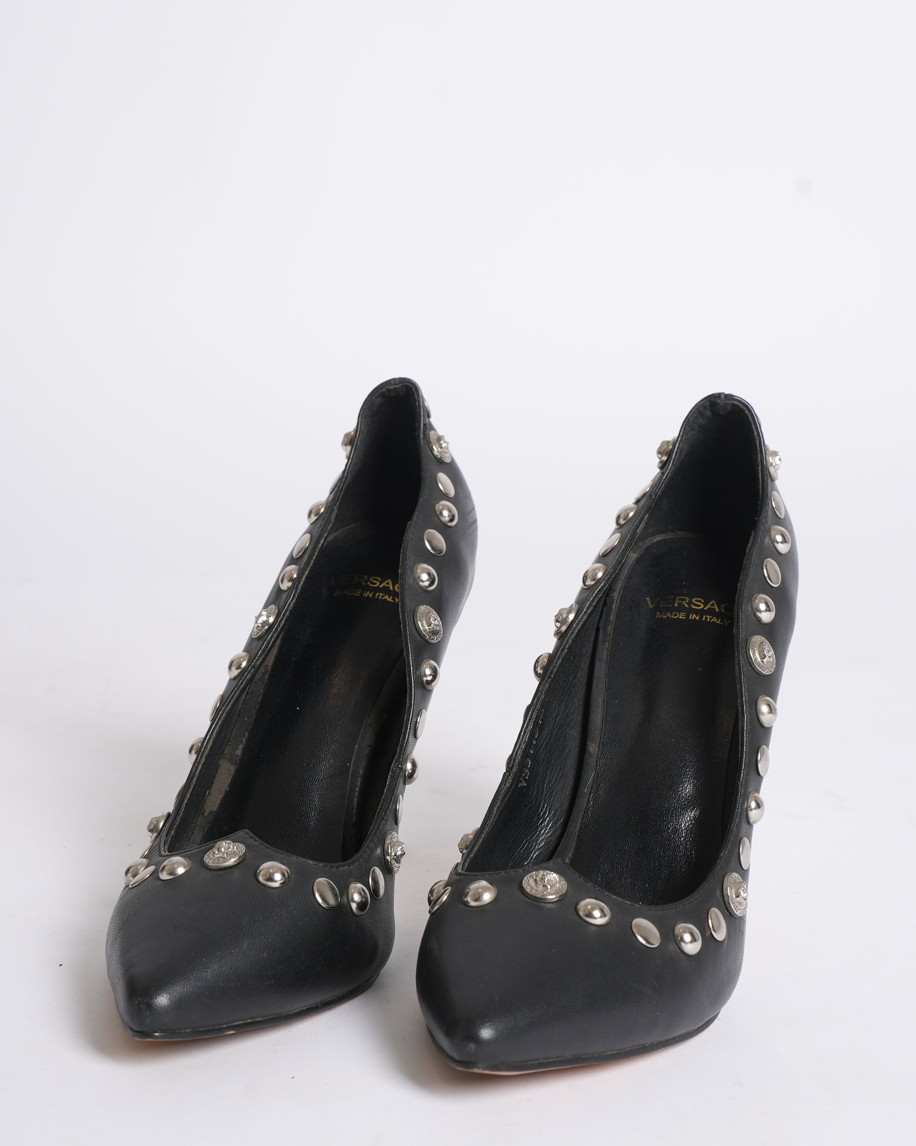 Versace Black Pumps With Silver Studded Medusa Detailing