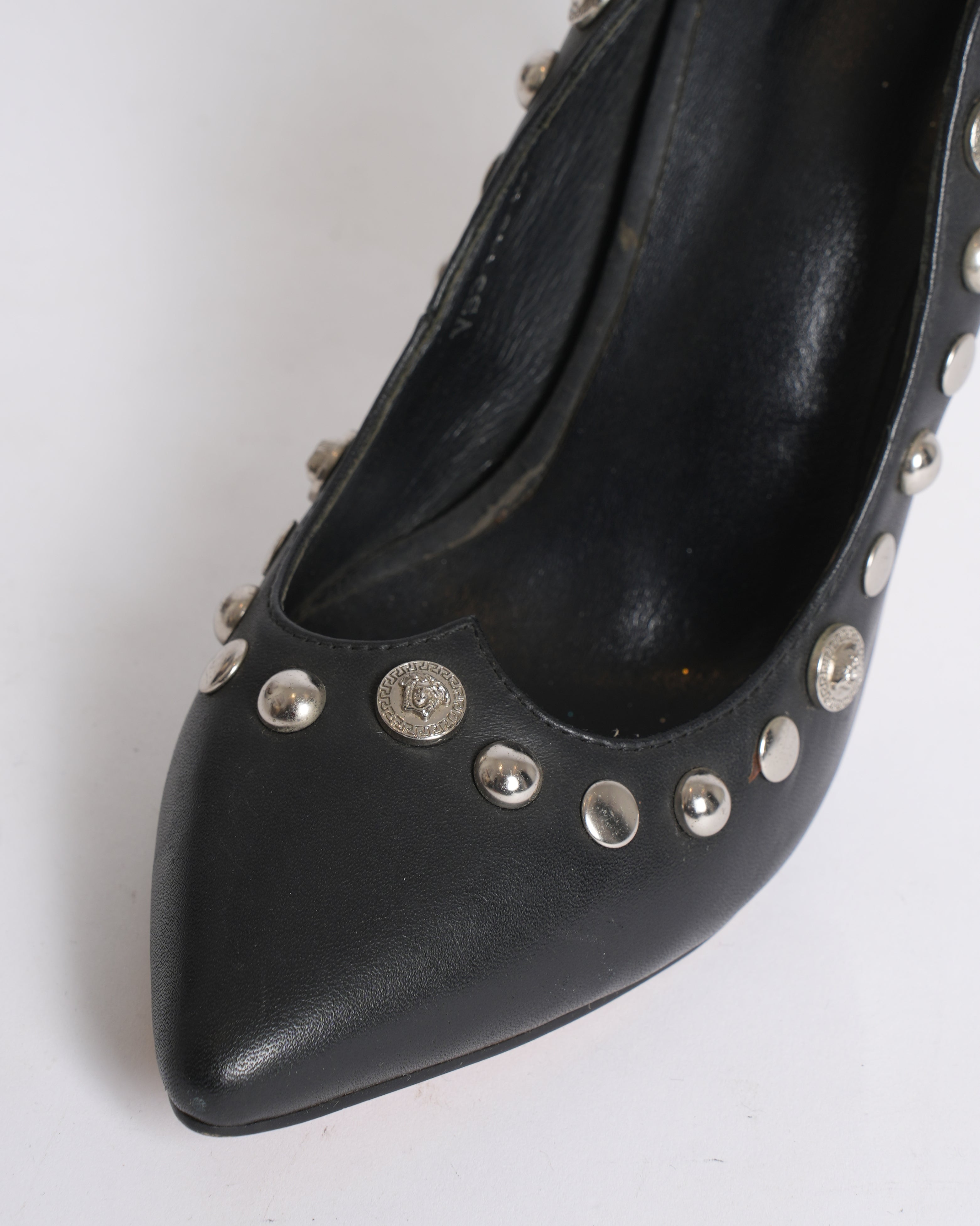 Versace Black Pumps With Silver Studded Medusa Detailing