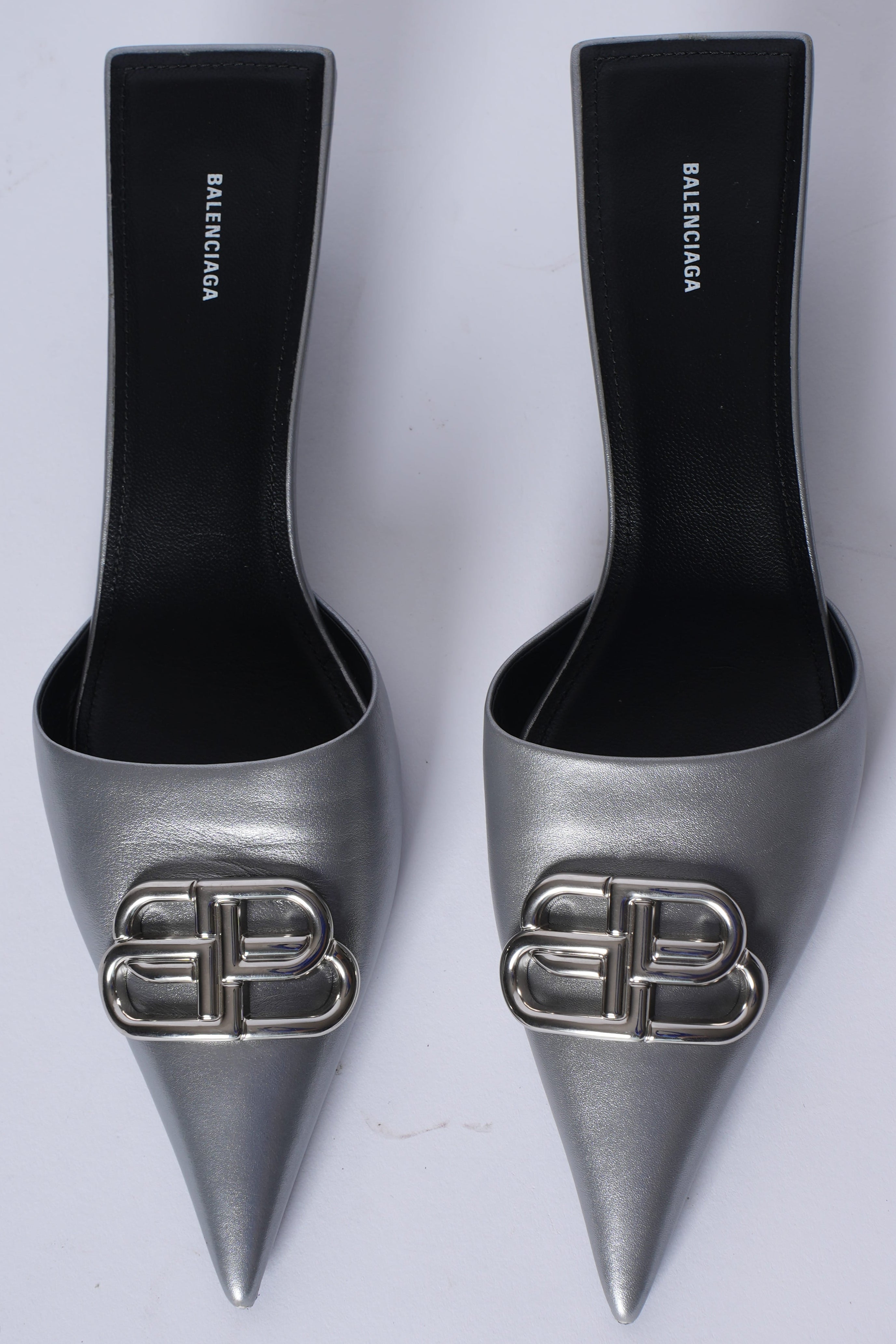 Balenciaga BB metallic leather mules silver