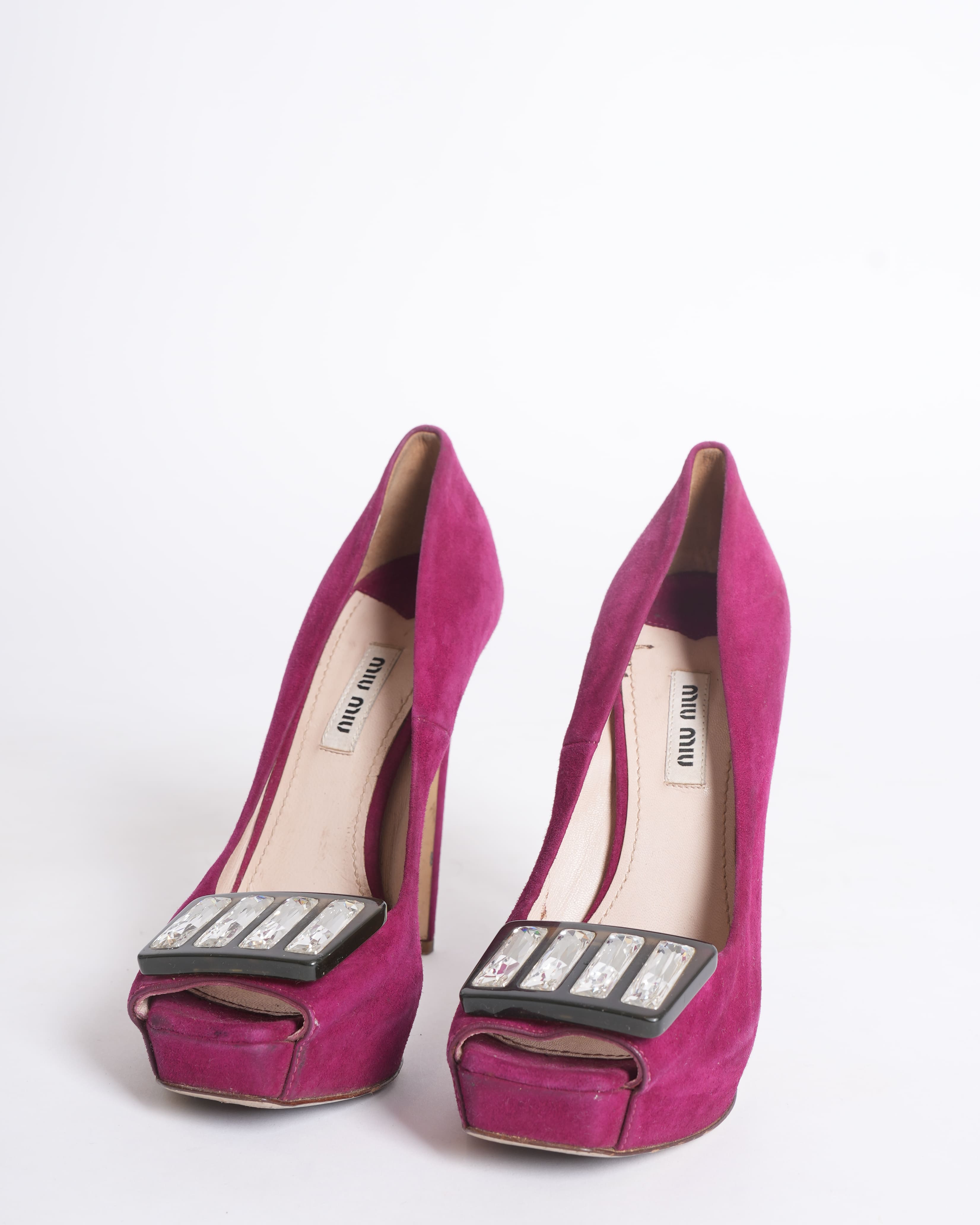 Miu Miu Suede Magenta Peep Tie Heels