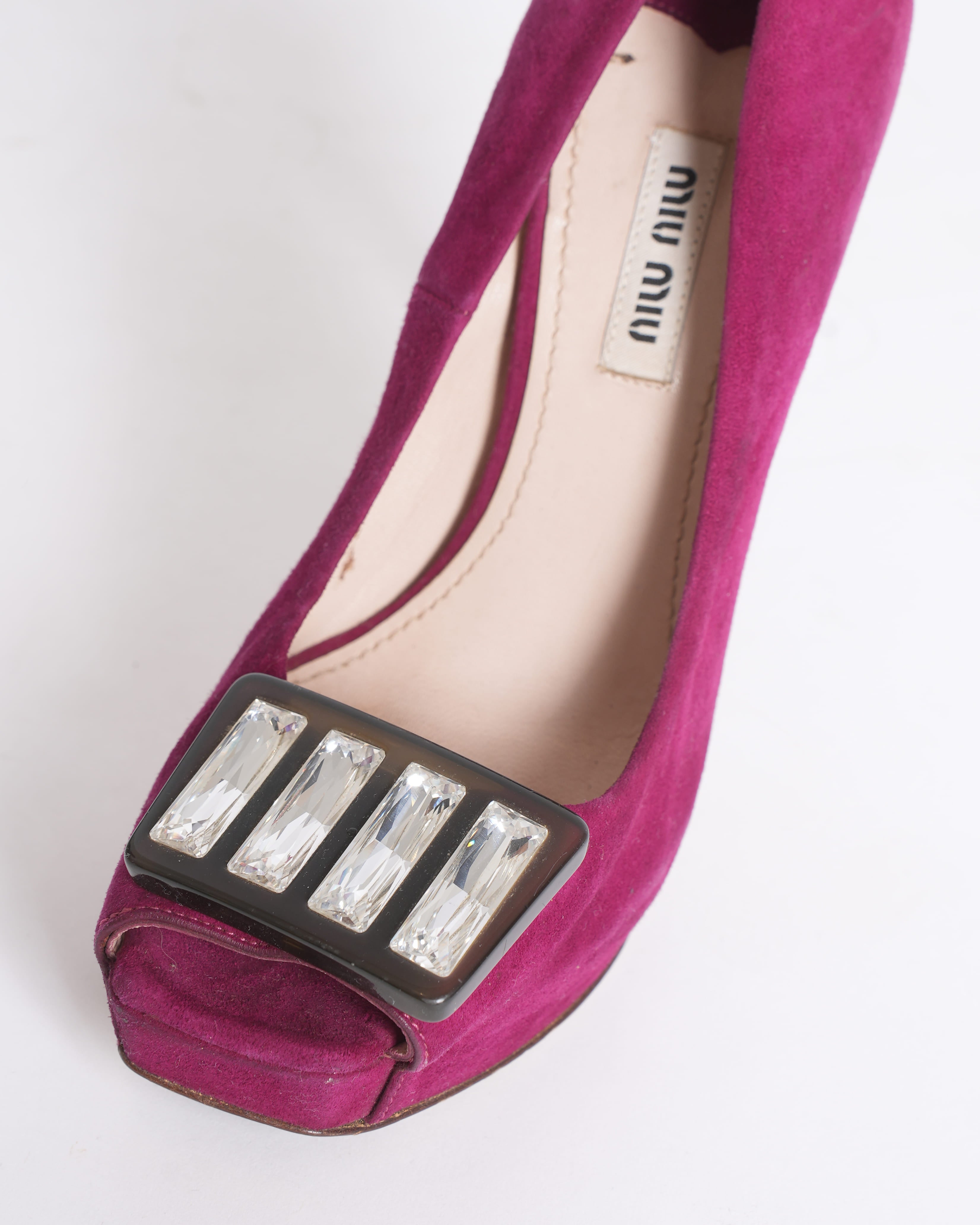 Miu Miu Suede Magenta Peep Tie Heels