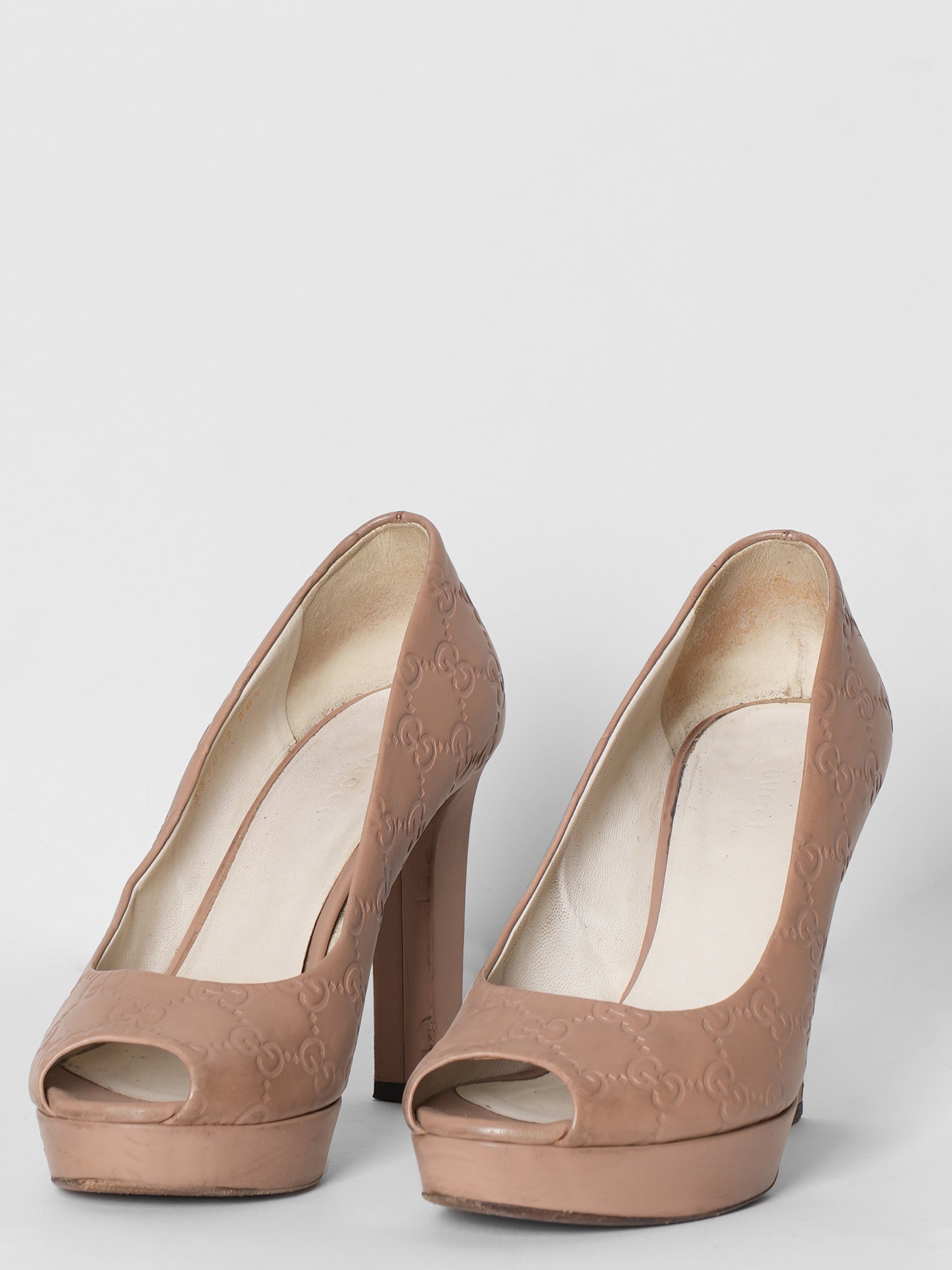Gucci Peep Toe Monogram Pumps