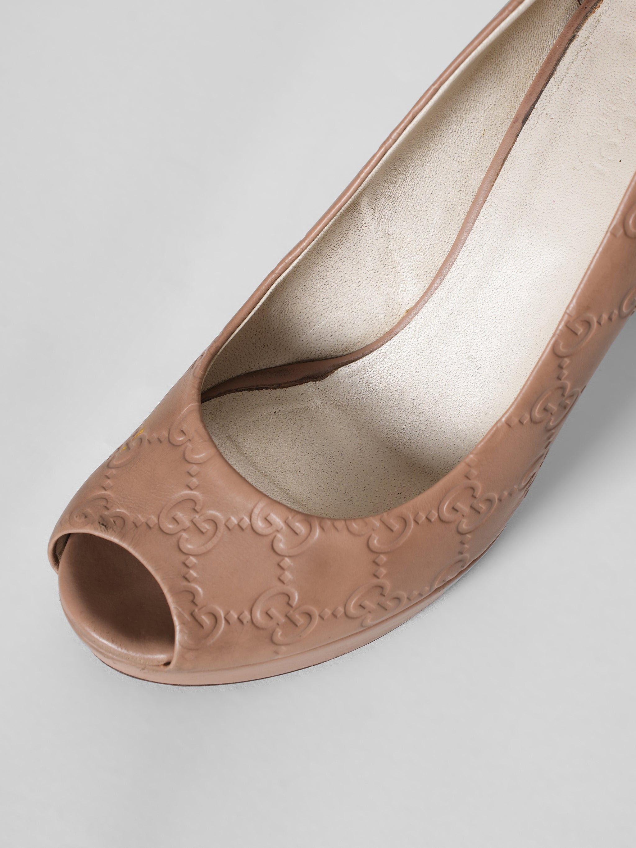 Gucci Peep Toe Monogram Pumps