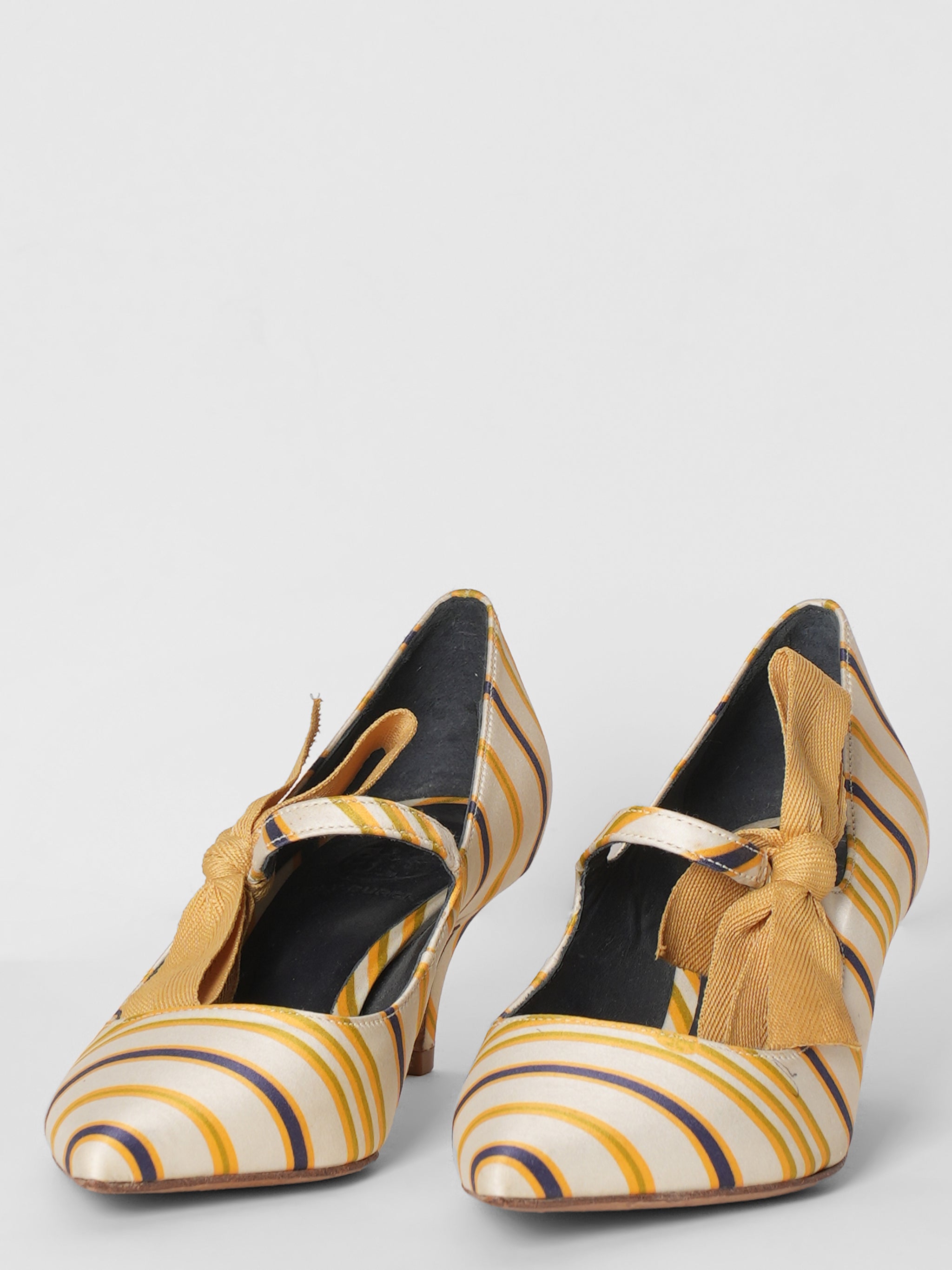 Tory Burch Satin Striped Side Bow Kitten Heel Pumps