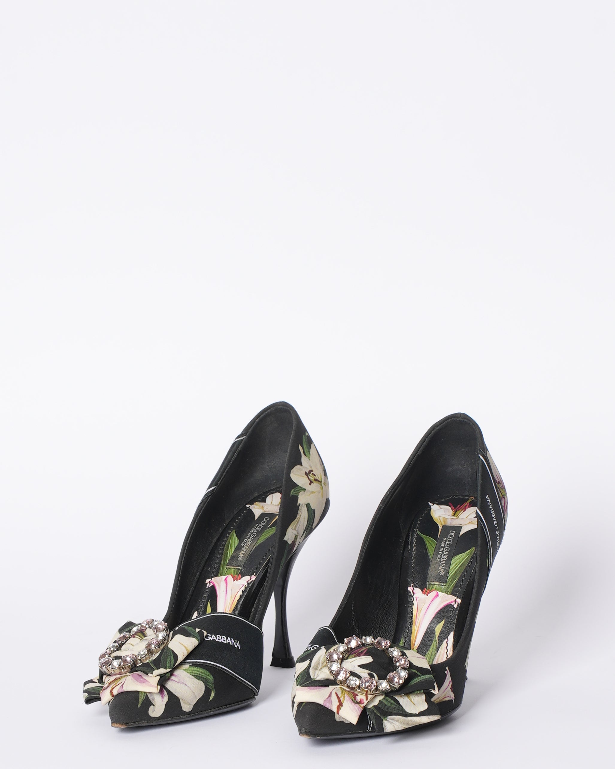 Dolce & Gabbana Black Floral Heels WIth Crystals
