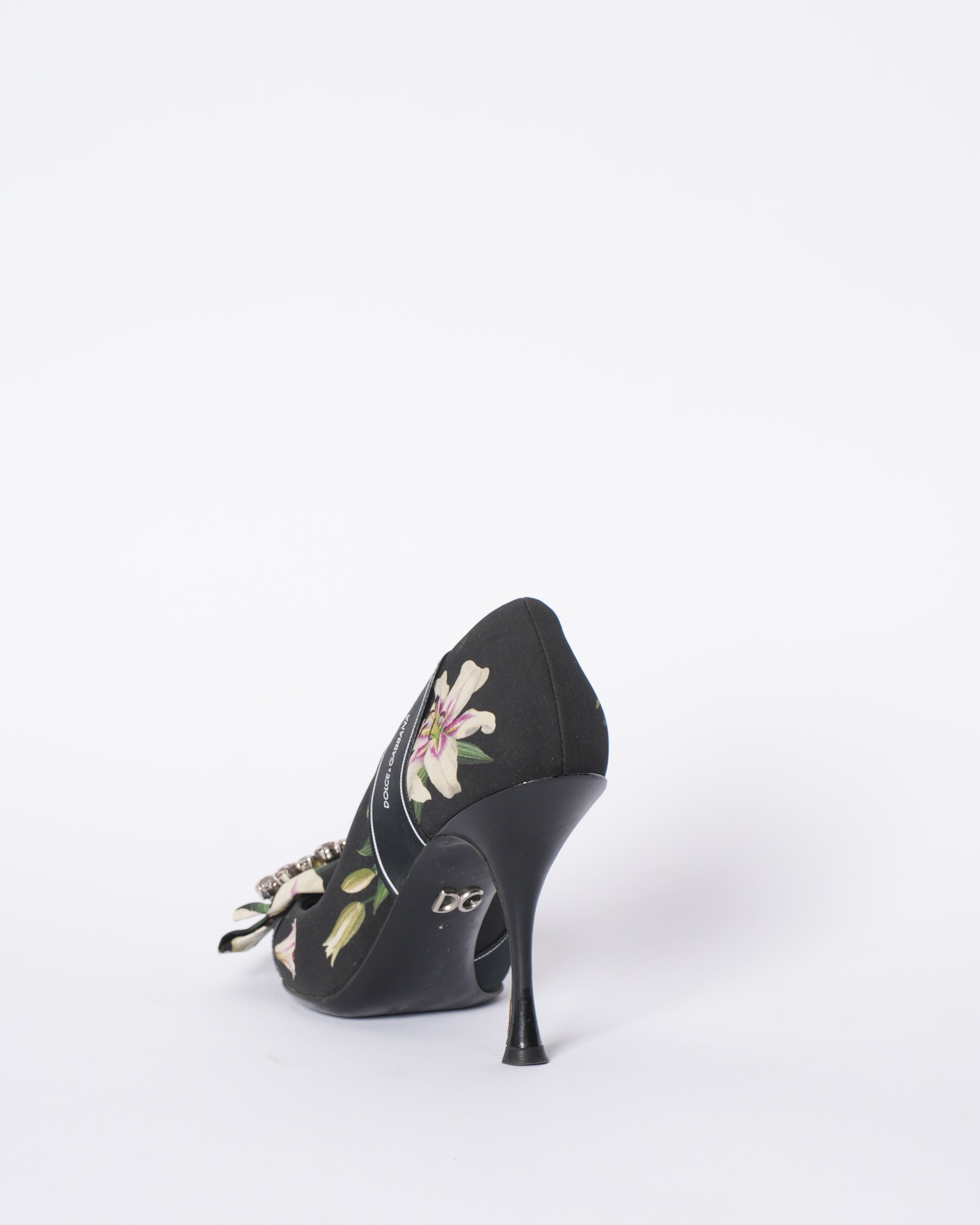 Dolce & Gabbana Black Floral Heels WIth Crystals