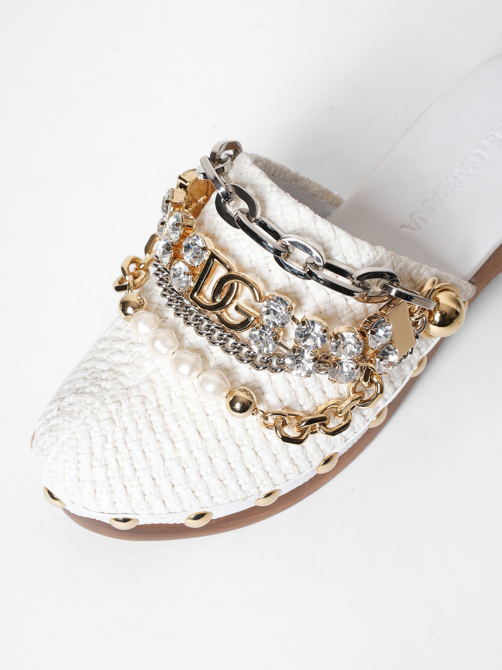 New Dolce & Gabbana Chain Embellished Raffia Mules