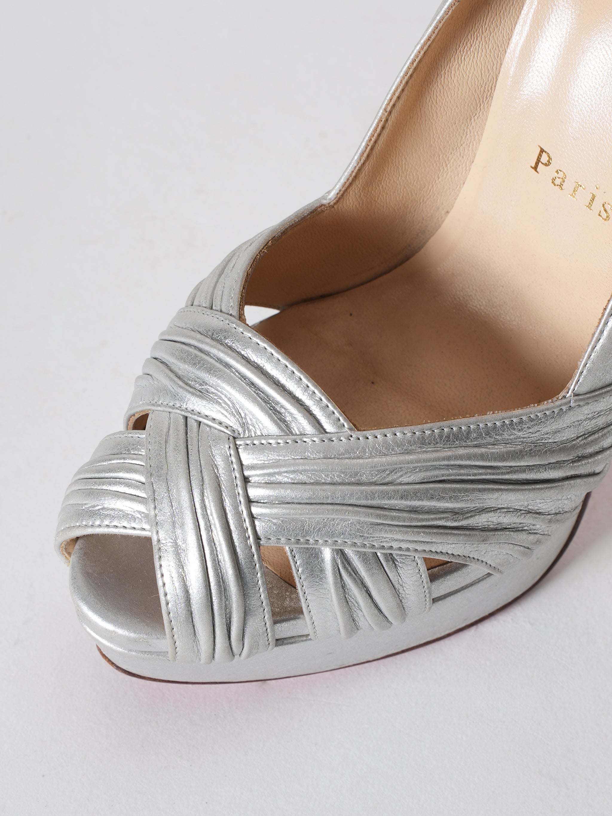 Christian Louboutin Silver Leather Criss Cross Strap Peep Toe