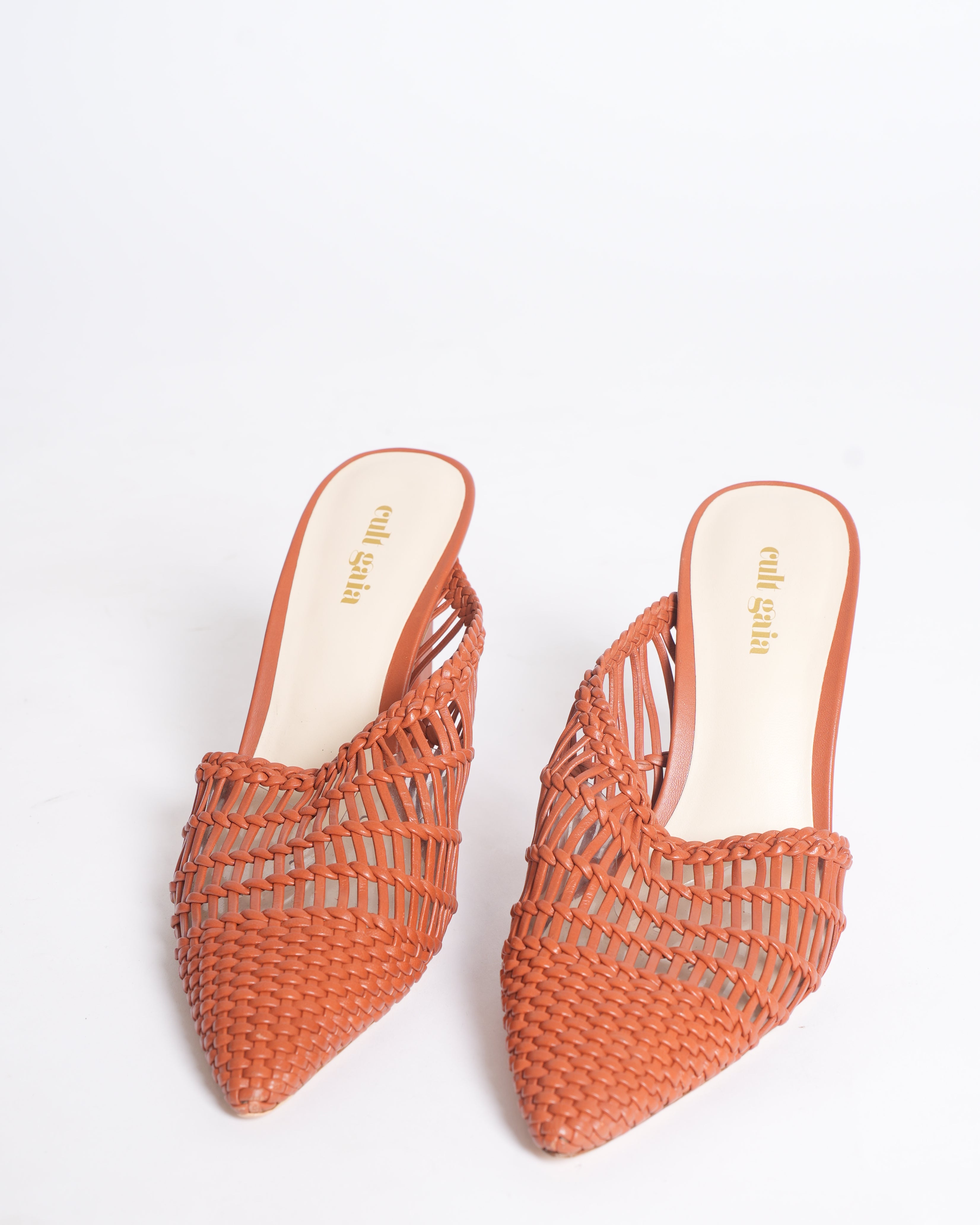 Cult Gaia Raya Woven Leather Mules in brown