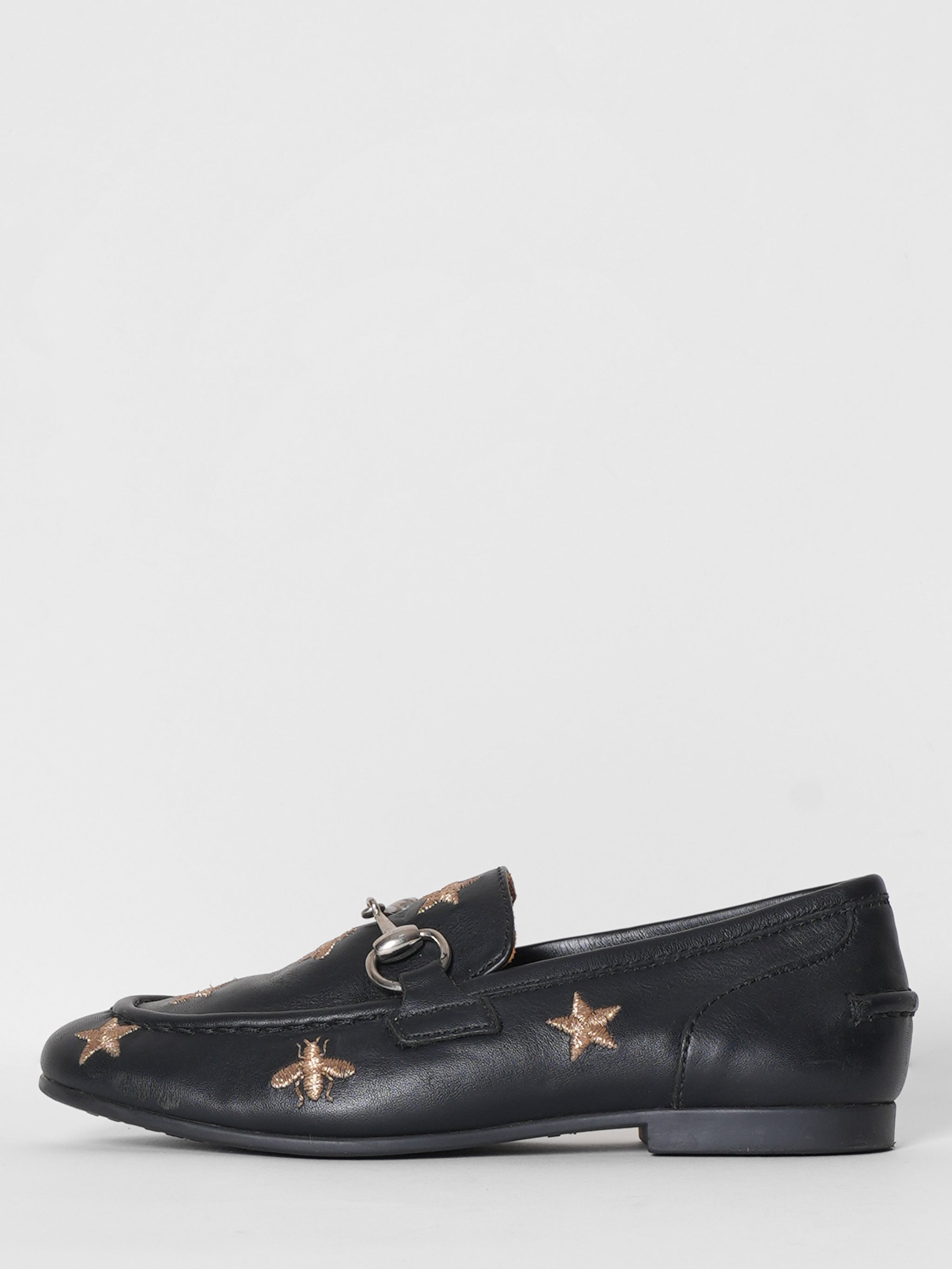 Gucci Kids Salto 33 - Moccasin Couro Preto Bordado Estilo Shoes