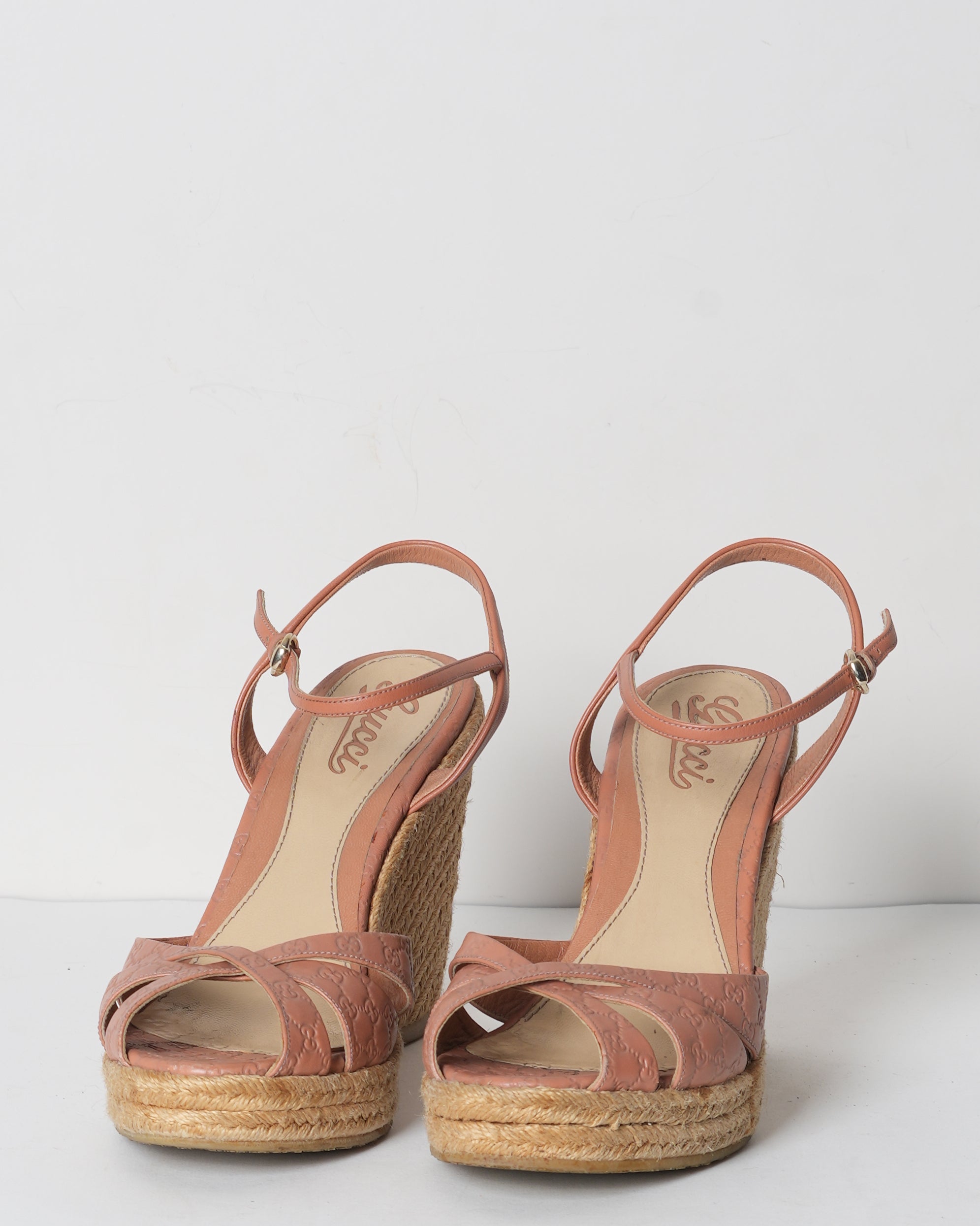 Pre-Owned Gucci Pink Leather Wedges Platform Espadrille Wedges