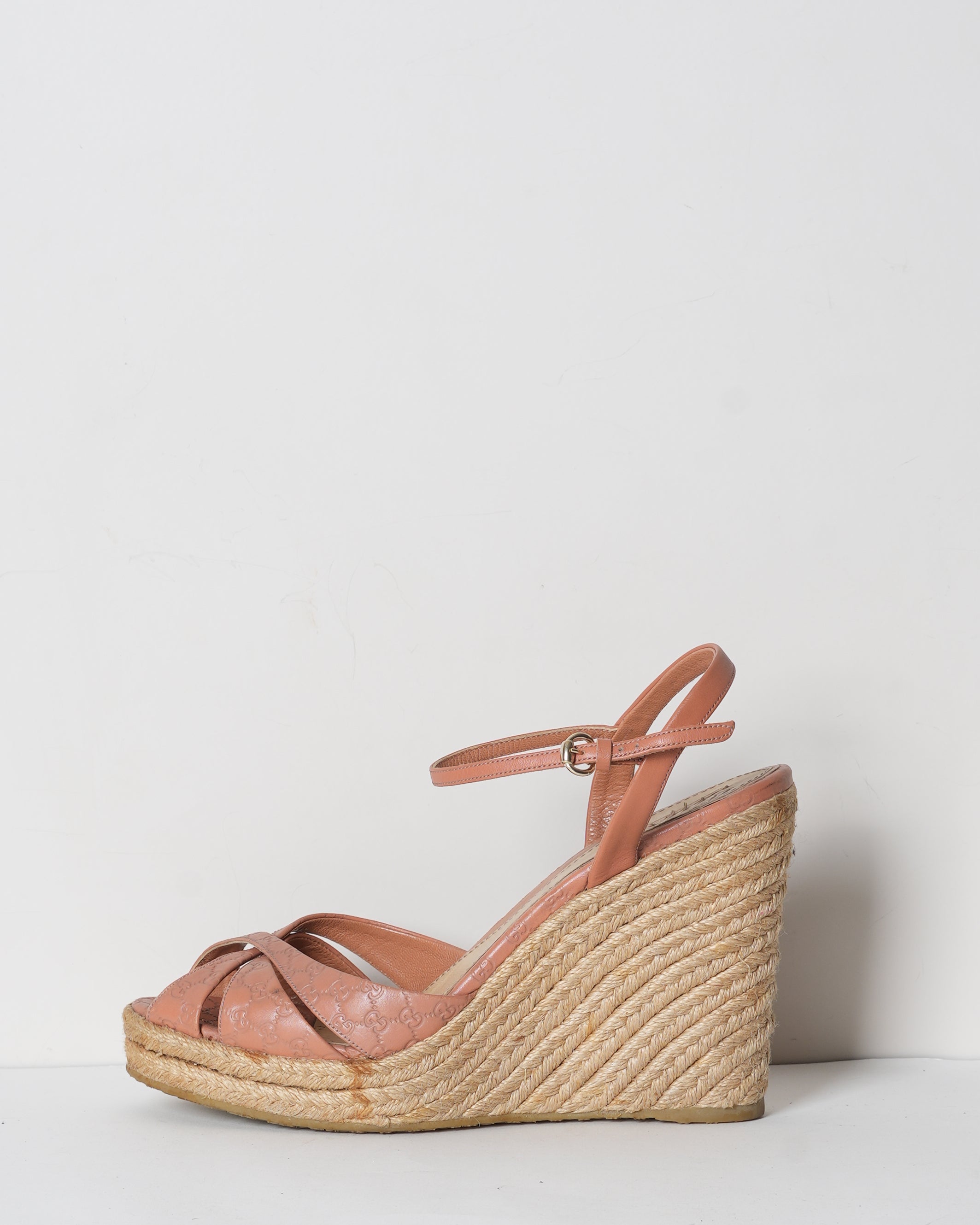 Gucci Pink Leather Wedges Platform Espadrille Wedges