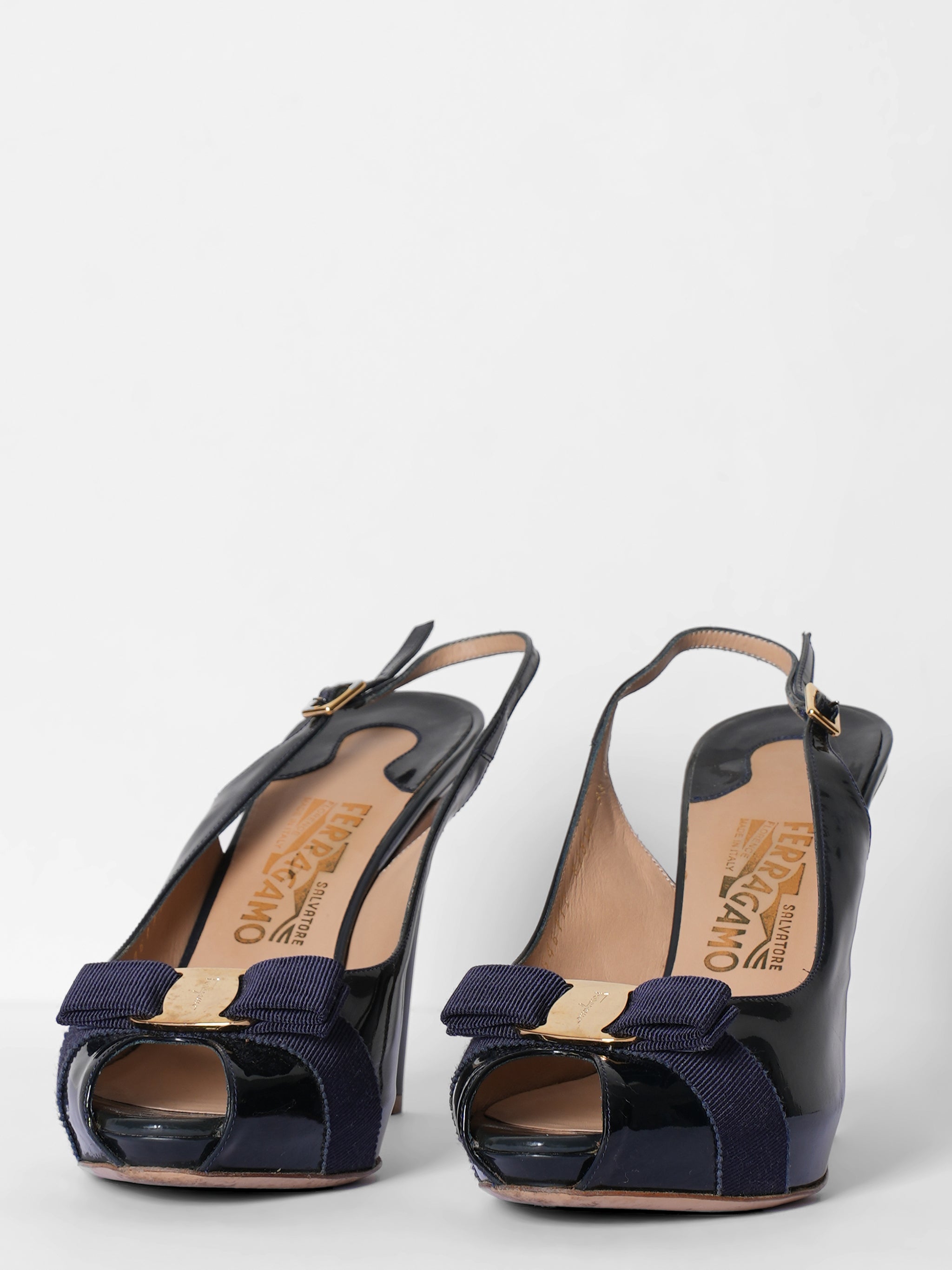 Salvatore Ferragamo Ink Blue 'T' Slingback Platform Sandals