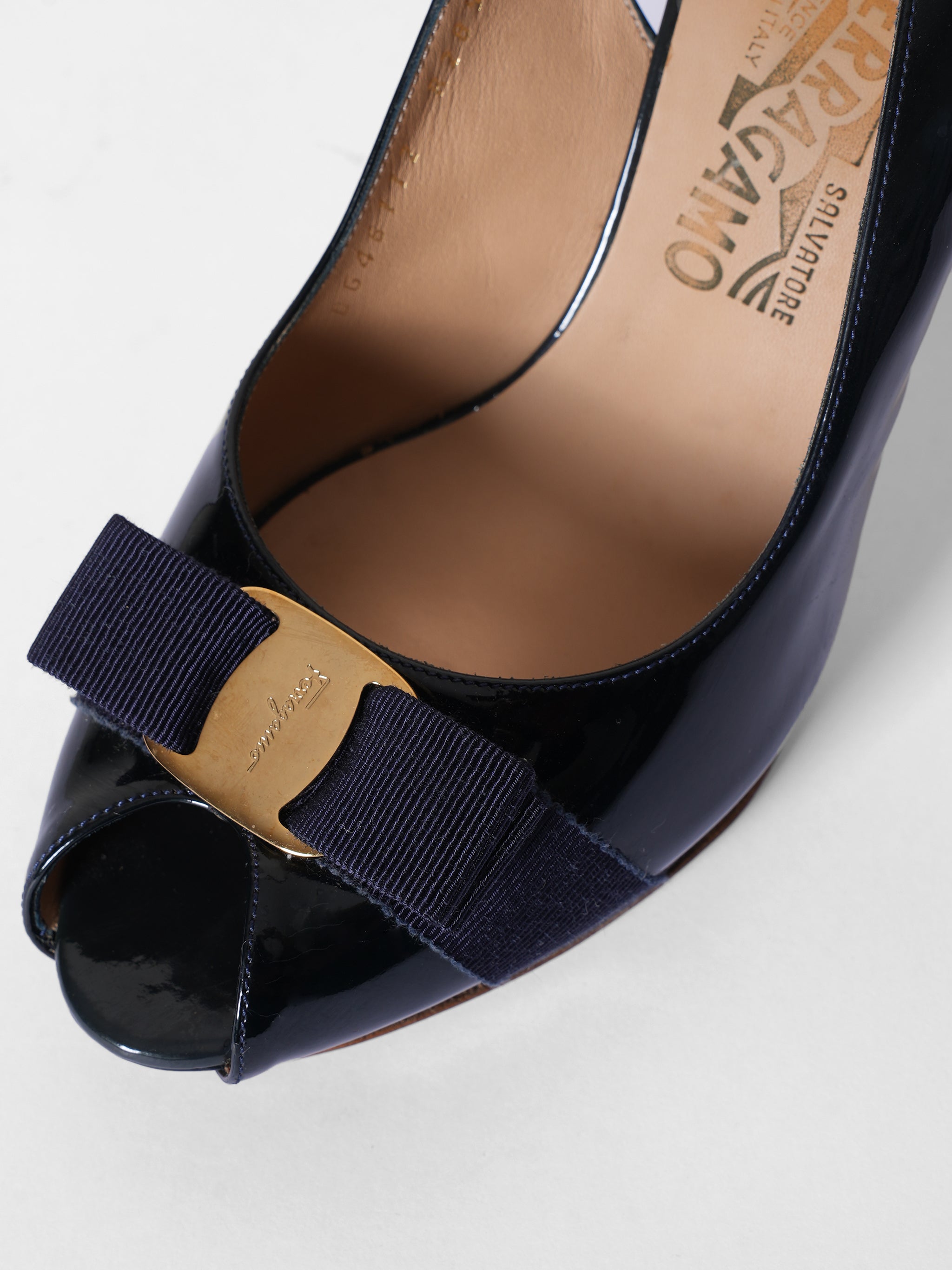 Salvatore Ferragamo Ink Blue 'T' Slingback Platform Sandals
