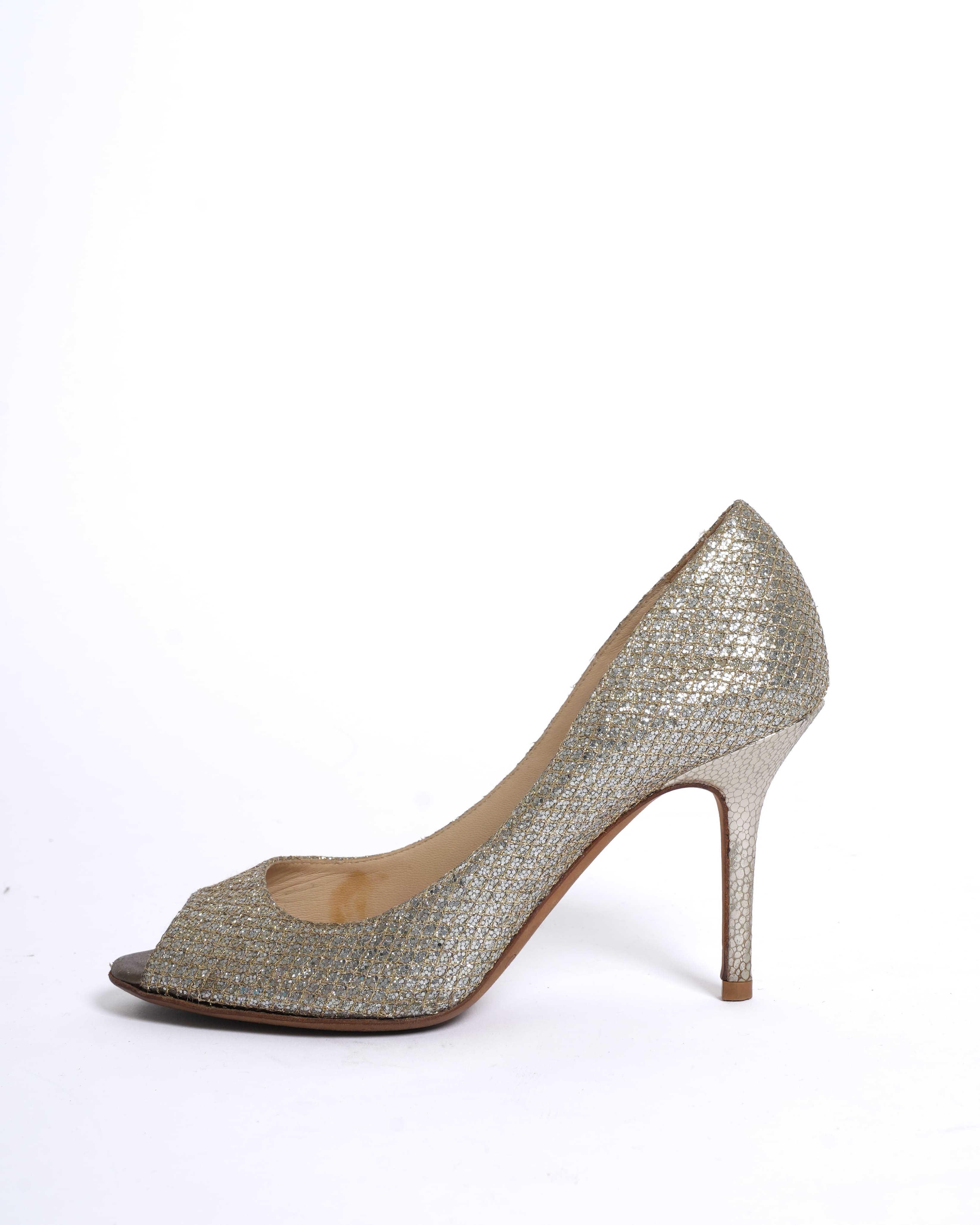 Jimmy Choo Peep Toe Pumps in Gold Tone