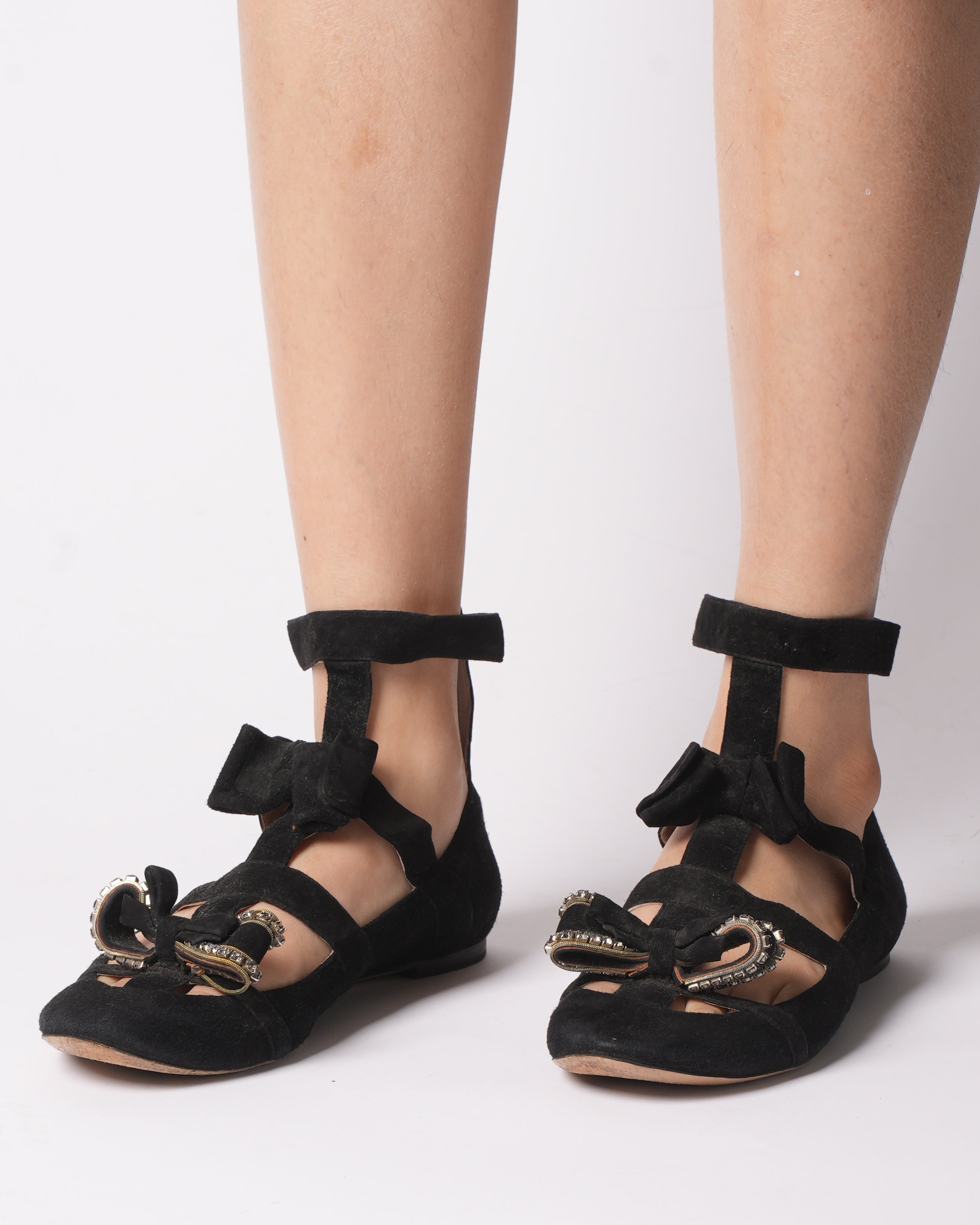Chloe Black Suede Bow Embellished Crystal Edged Cutout Flat Ballerinas