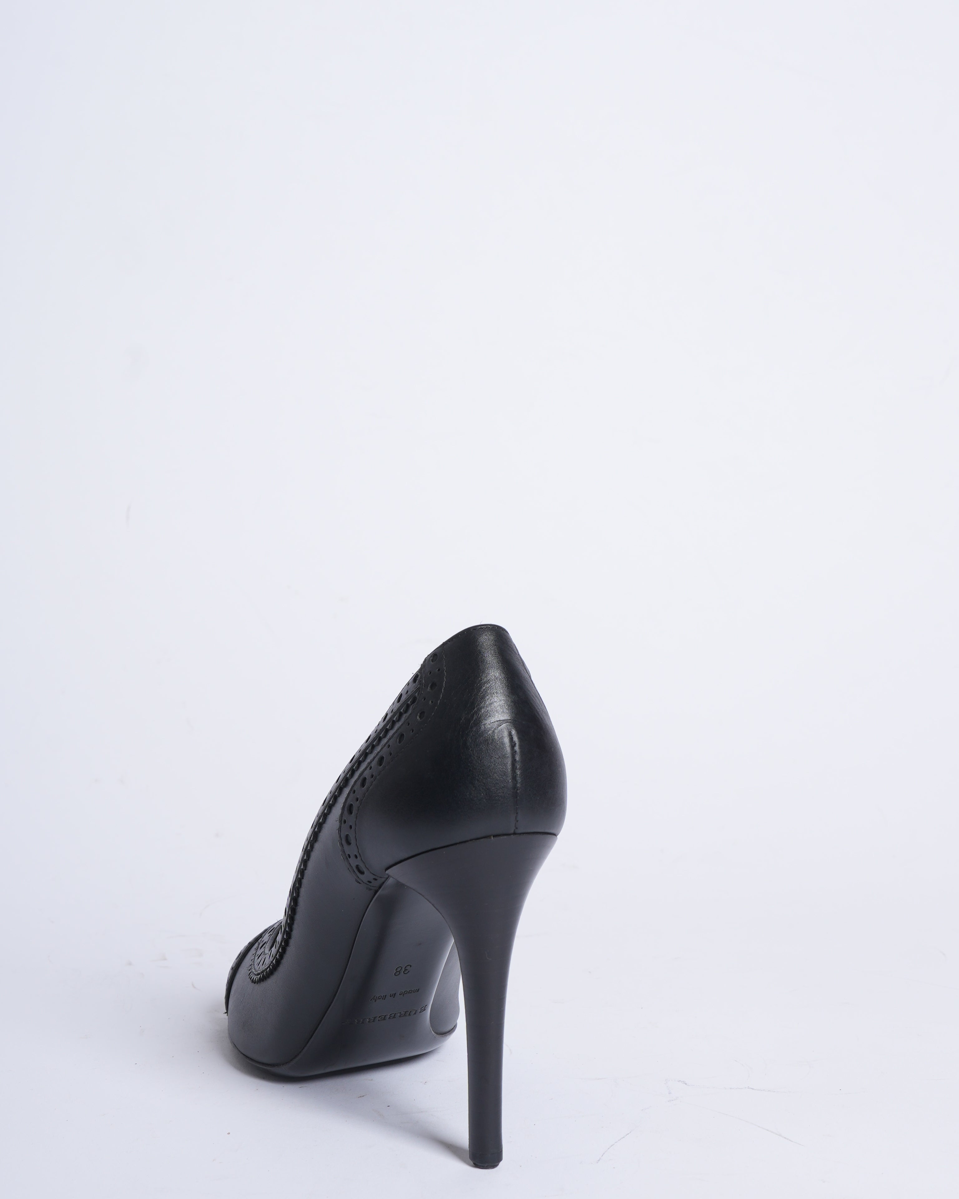 New Burberry black leather brogue peep toe pumps