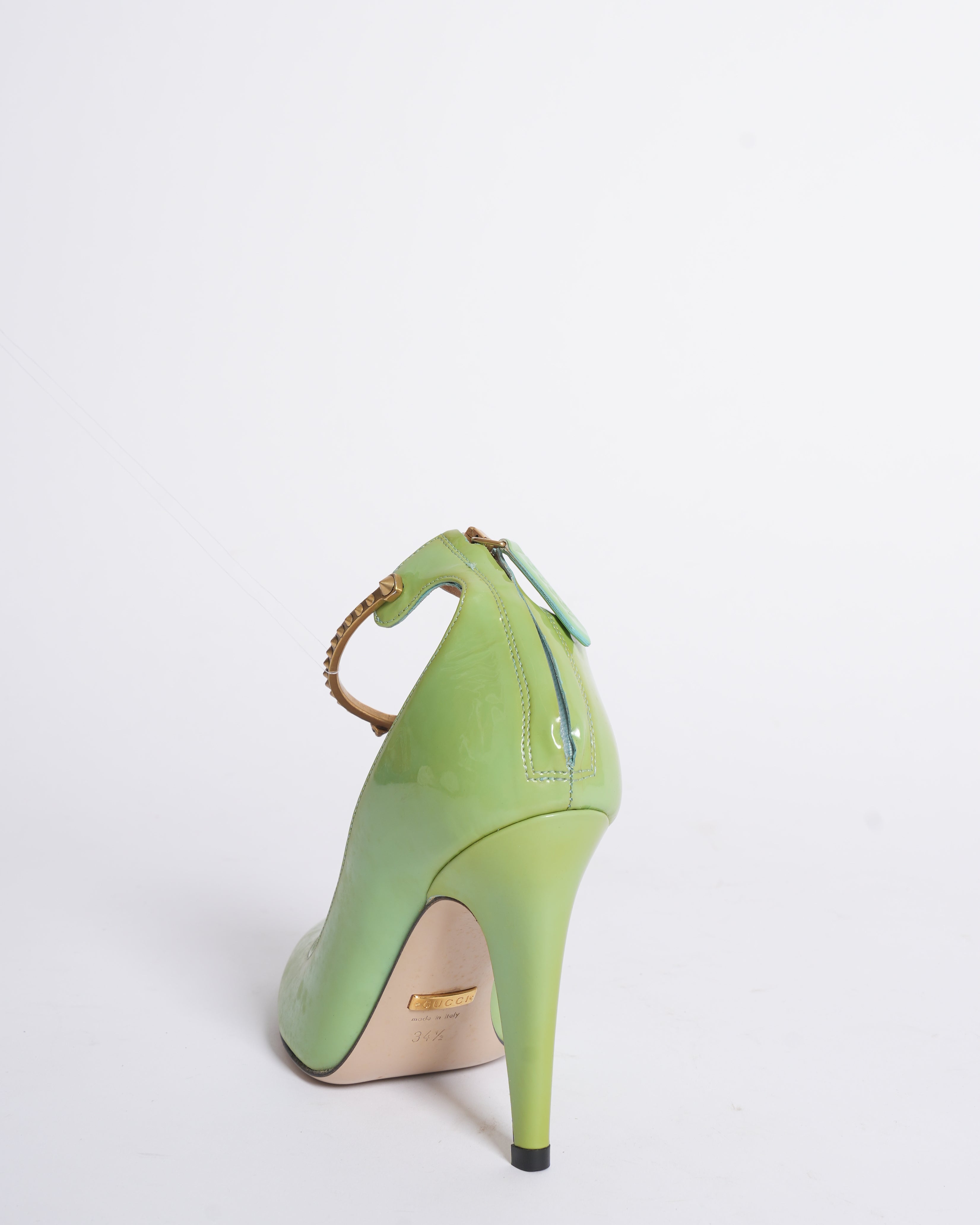 New Gucci Vernice Crystal Ankle Strap Pumps In Mint Colour