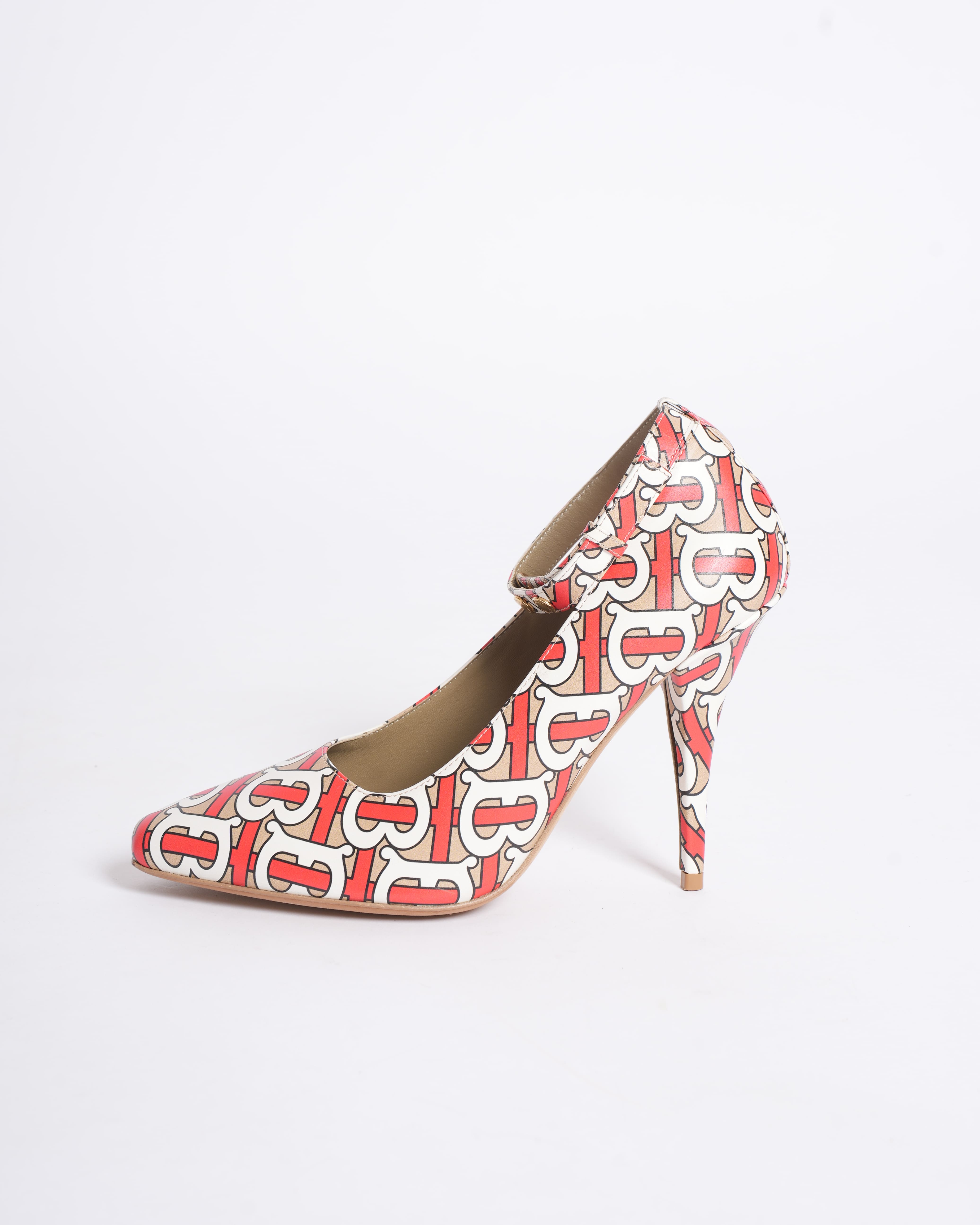Burberry women’s Tan/Red/White Leather TB Monogram Ankle Strap Pumps