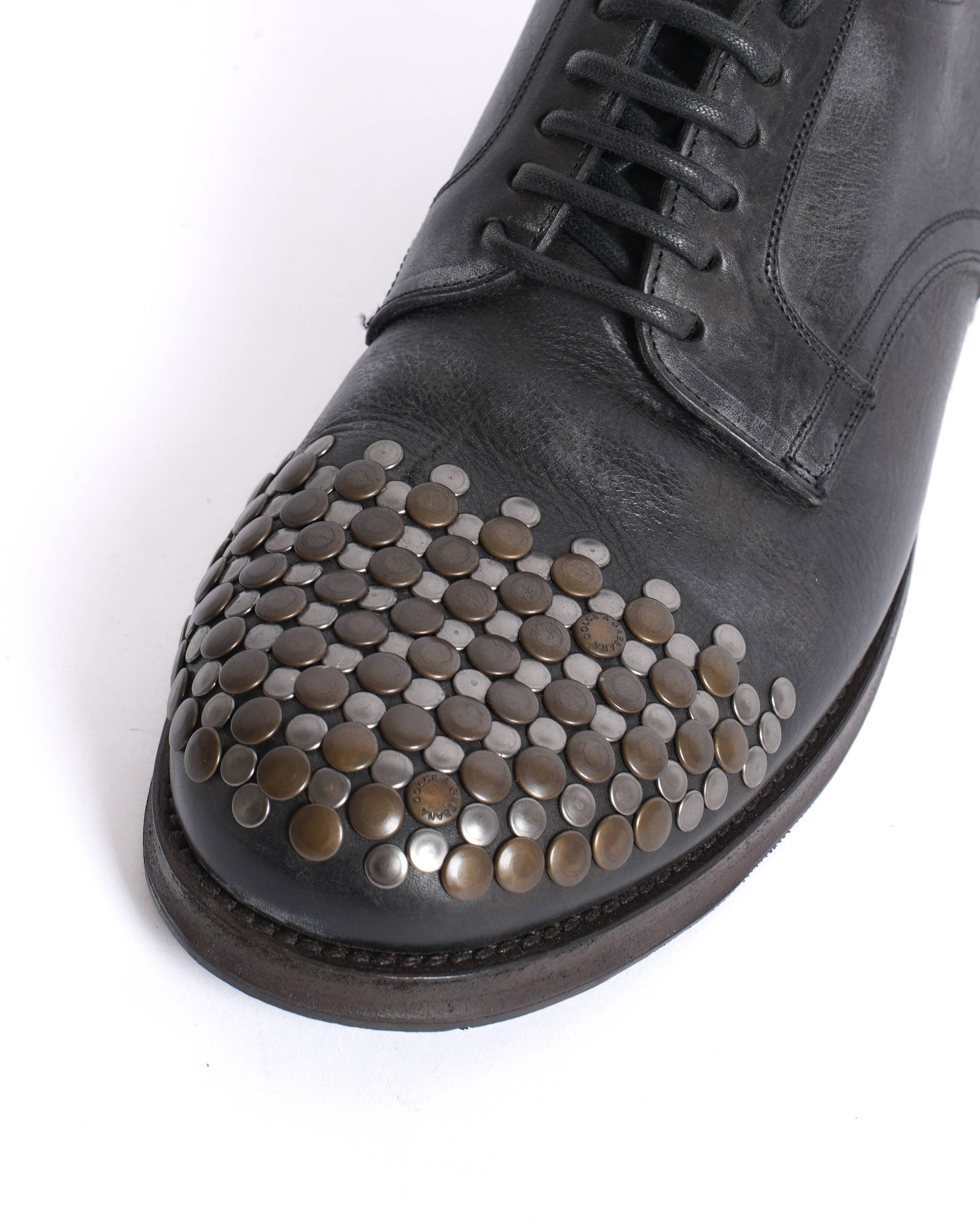 Dolce and gabbana black leather studded sircusa lace up derby shoes