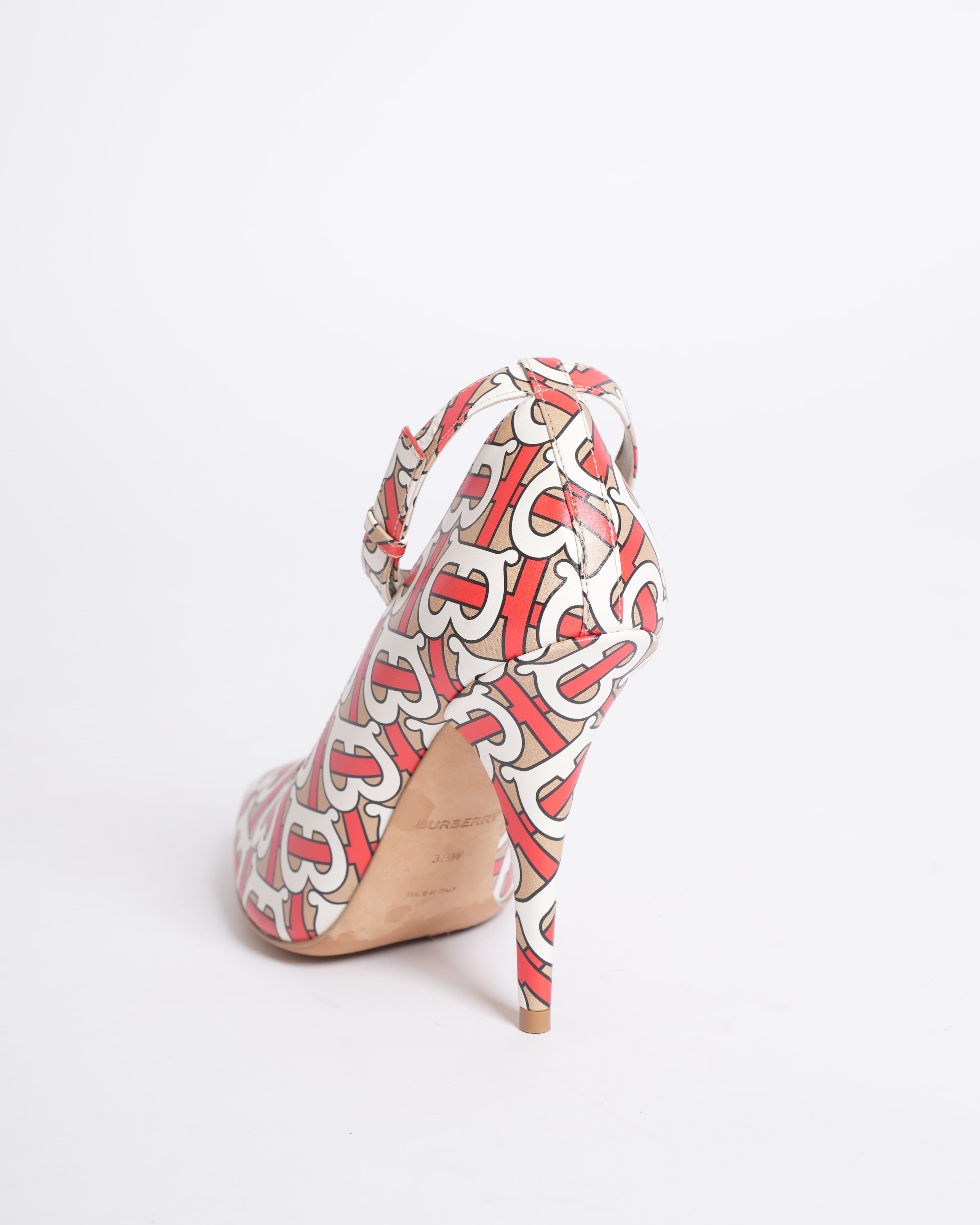 Burberry women’s Tan/Red/White Leather TB Monogram Ankle Strap Pumps