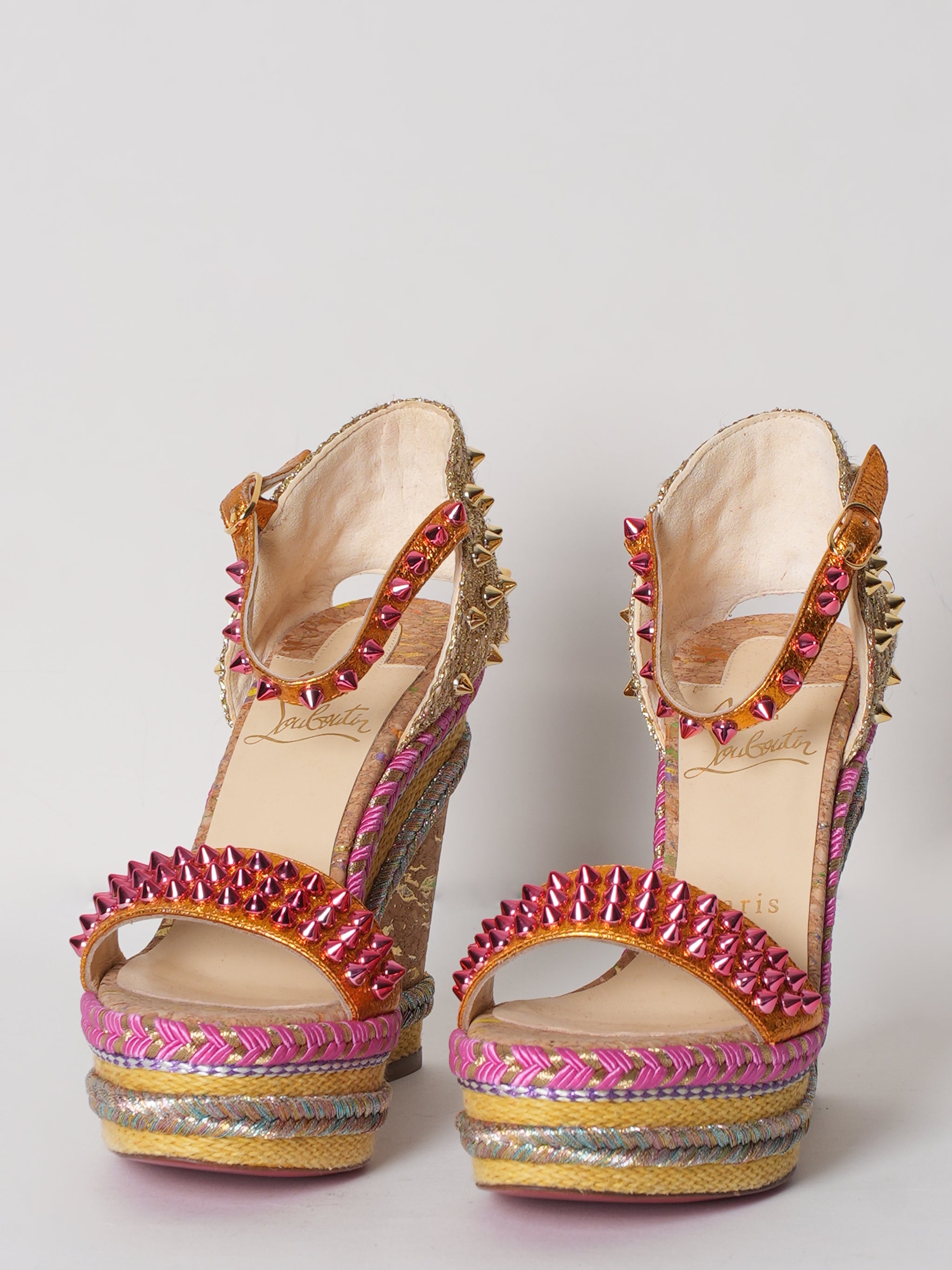 Christian Louboutin Madmonica 120 Gold Pink Studded Cork Wedges