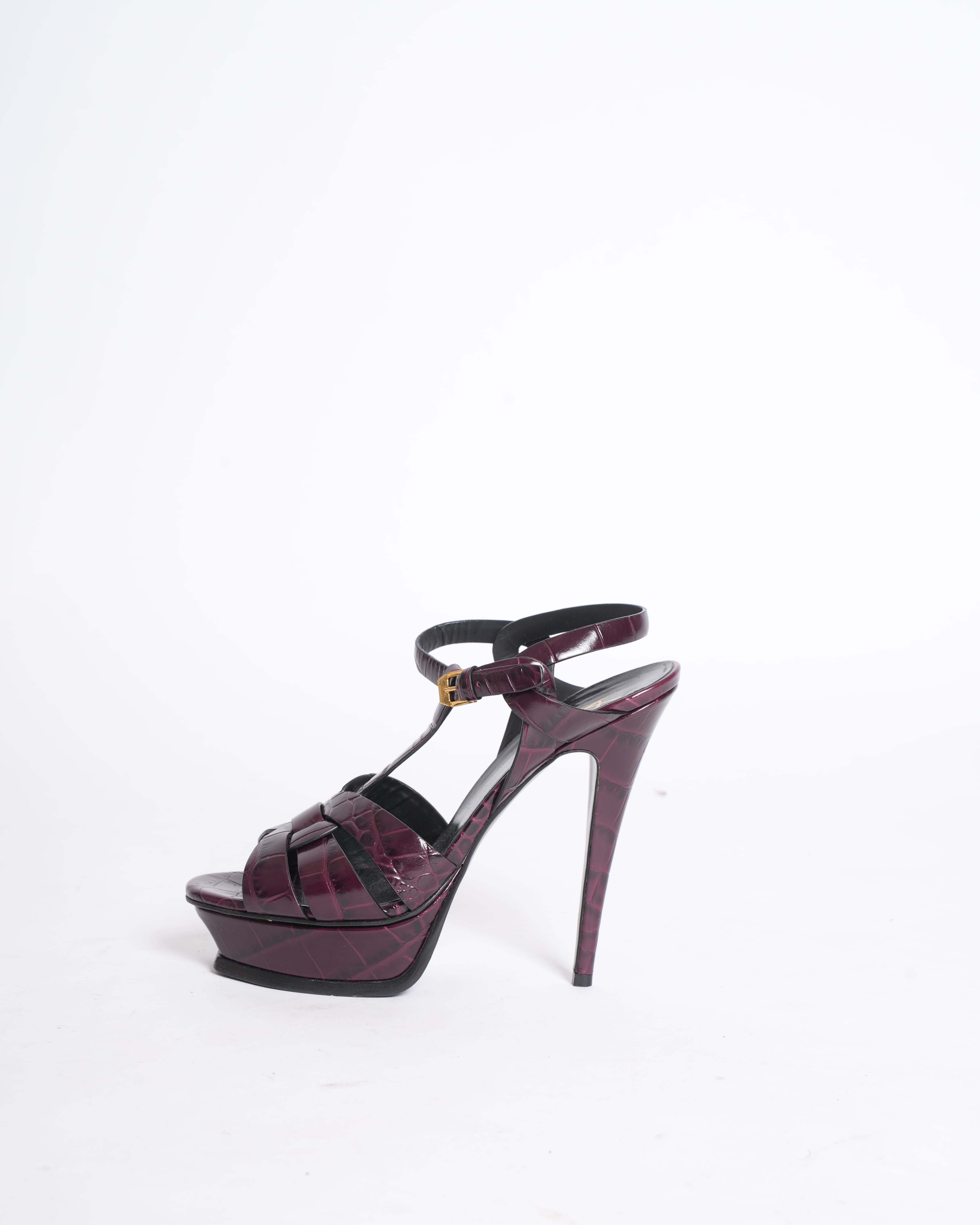 Saint Laurent Croc-Embossed Leather Tribute Sandals in Brown