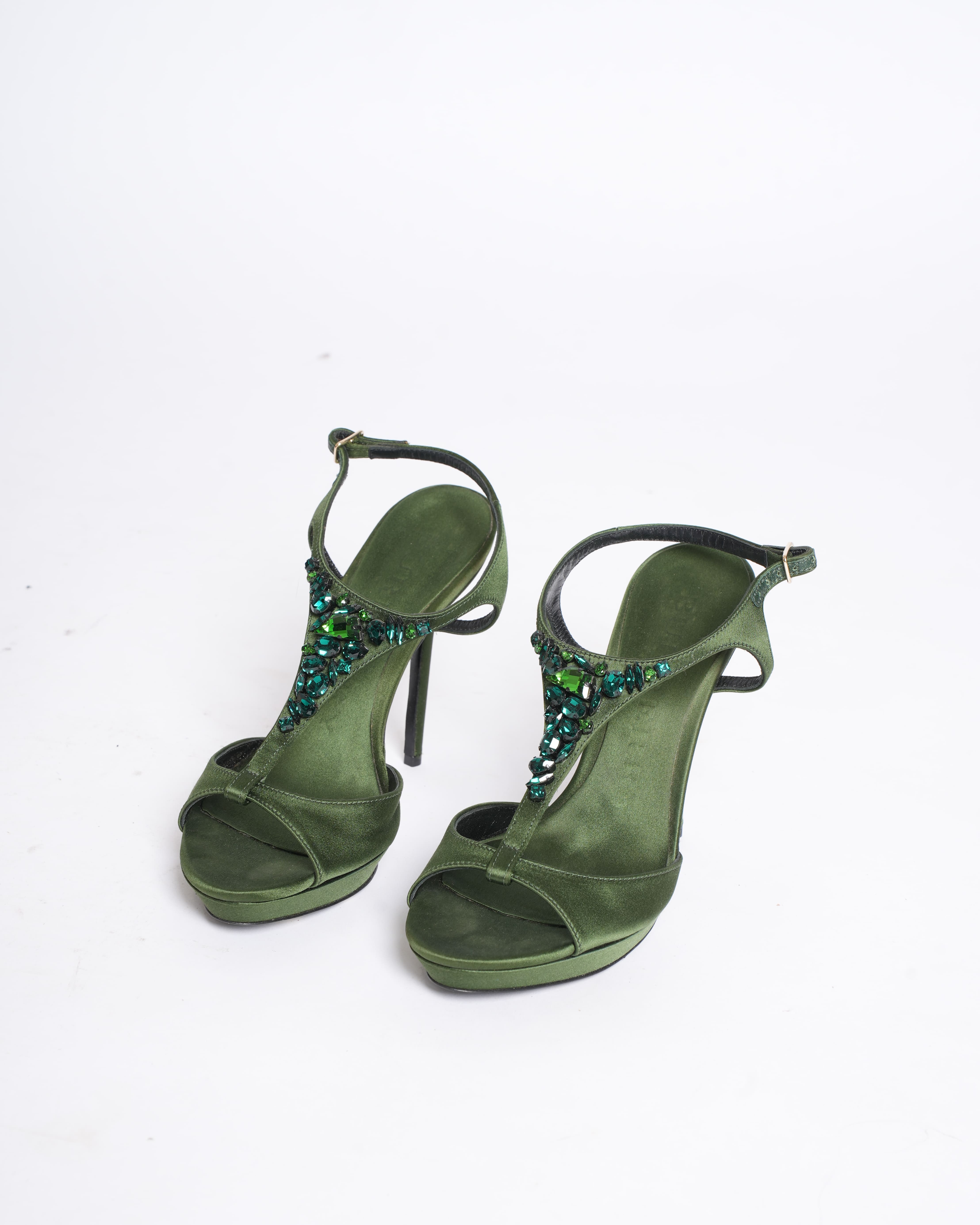 New Burberry Satin Heels in Green with Diamanté