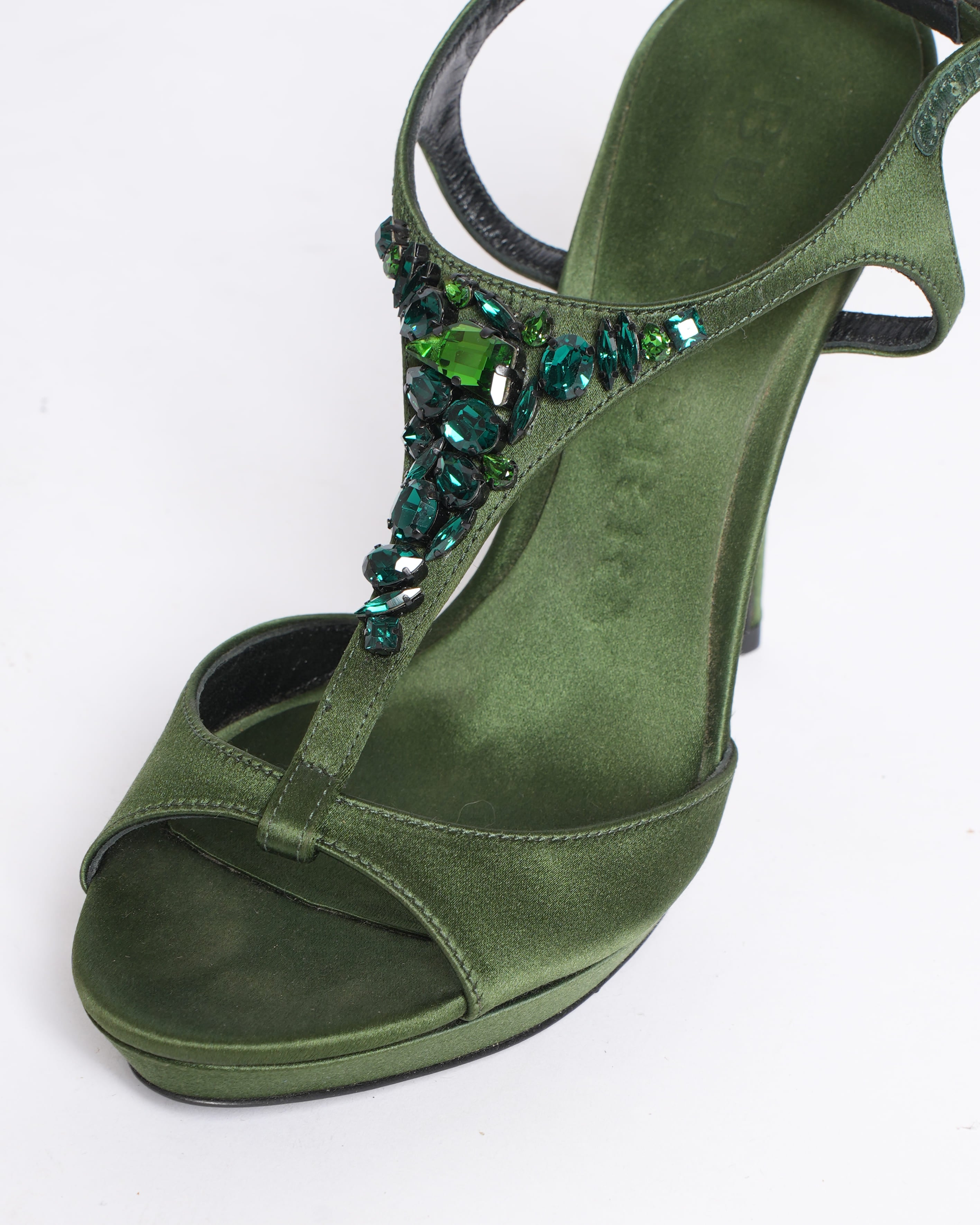 New Burberry Satin Heels in Green with Diamanté