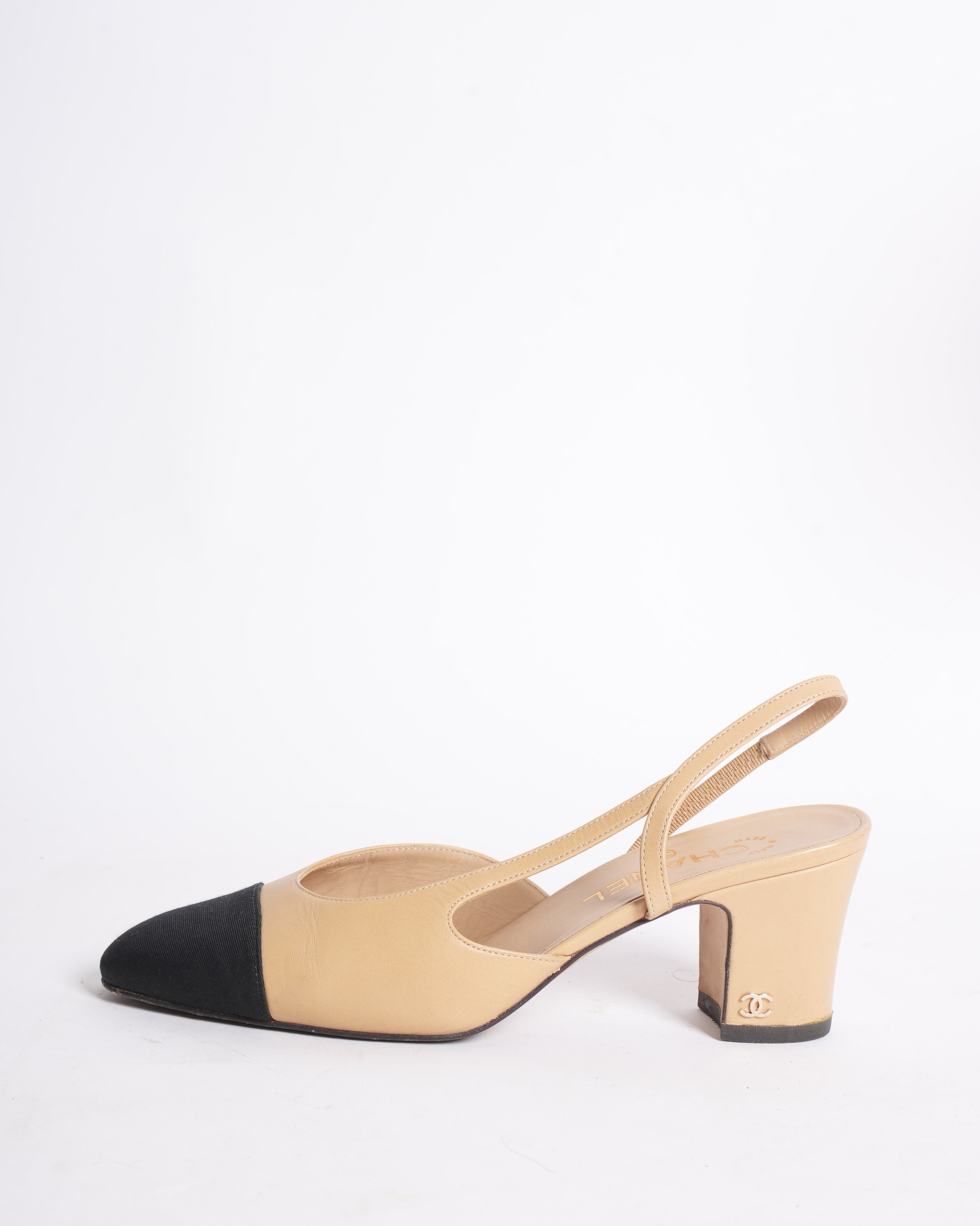 Chanel Black and Beige CC Slingback Heels