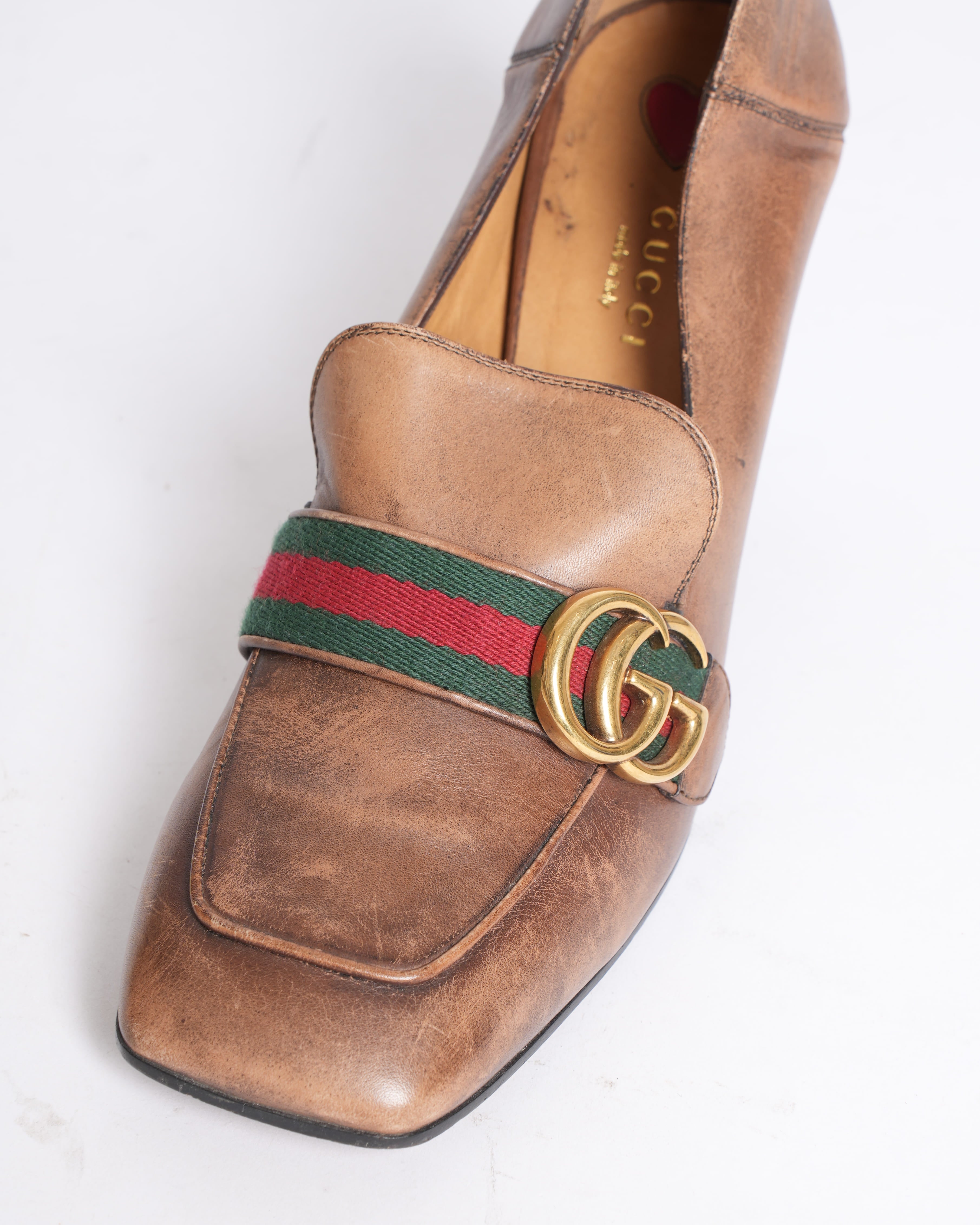 Gucci Destroyed-Effect Loafer Pumps in Brown