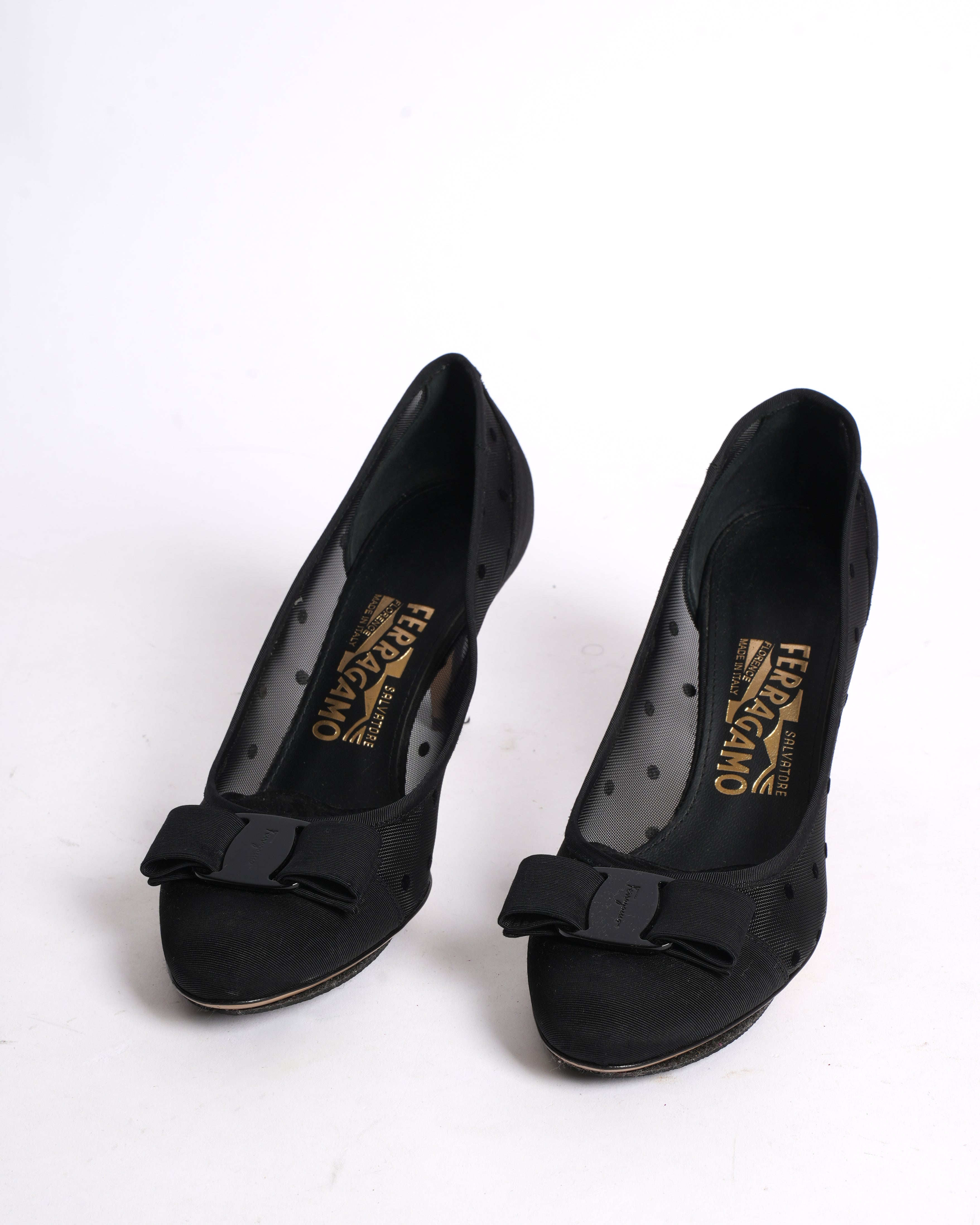 Salvatore Ferragamo Black Mesh and Grosgrain Carla Dots Pumps