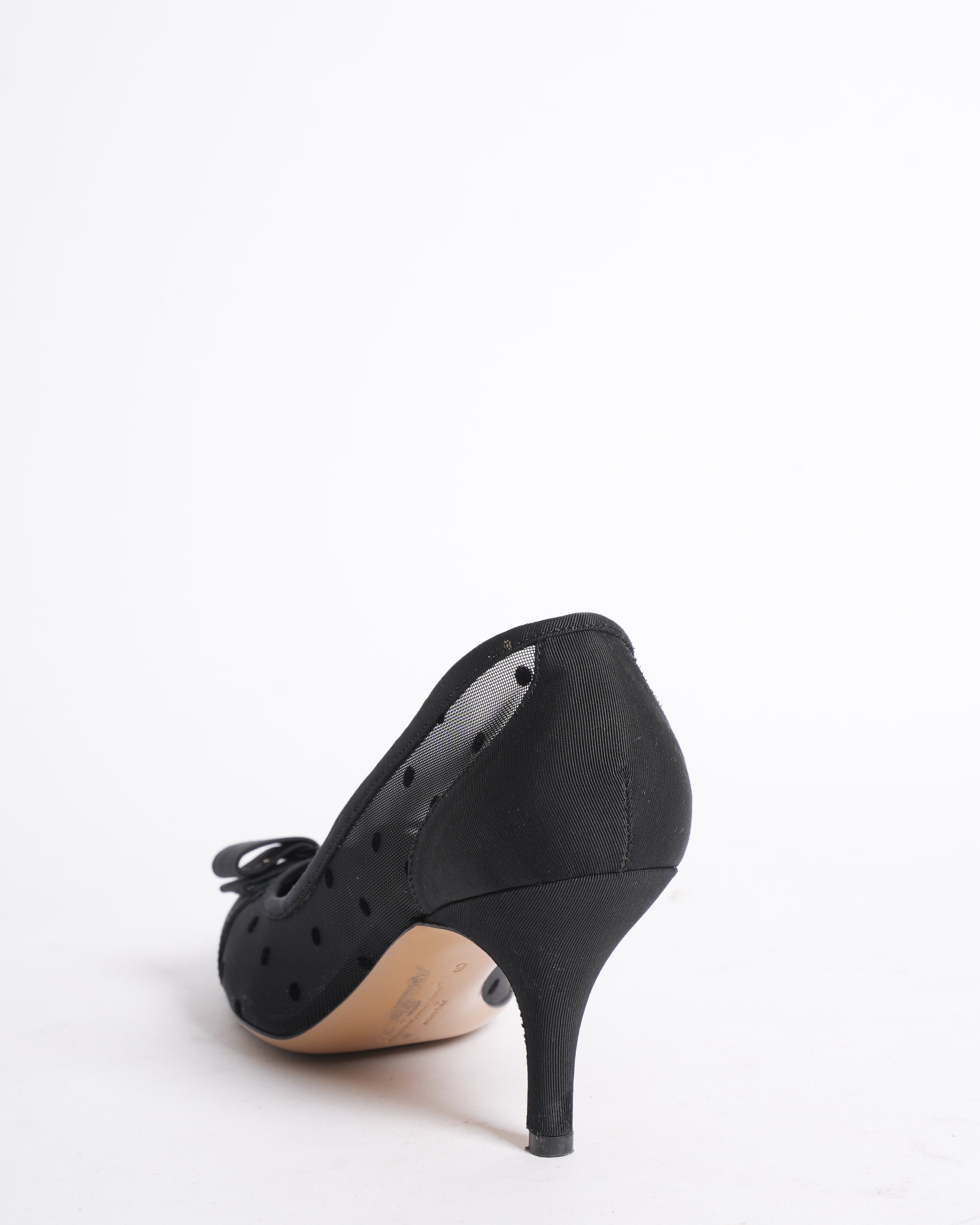 Salvatore Ferragamo Black Mesh and Grosgrain Carla Dots Pumps