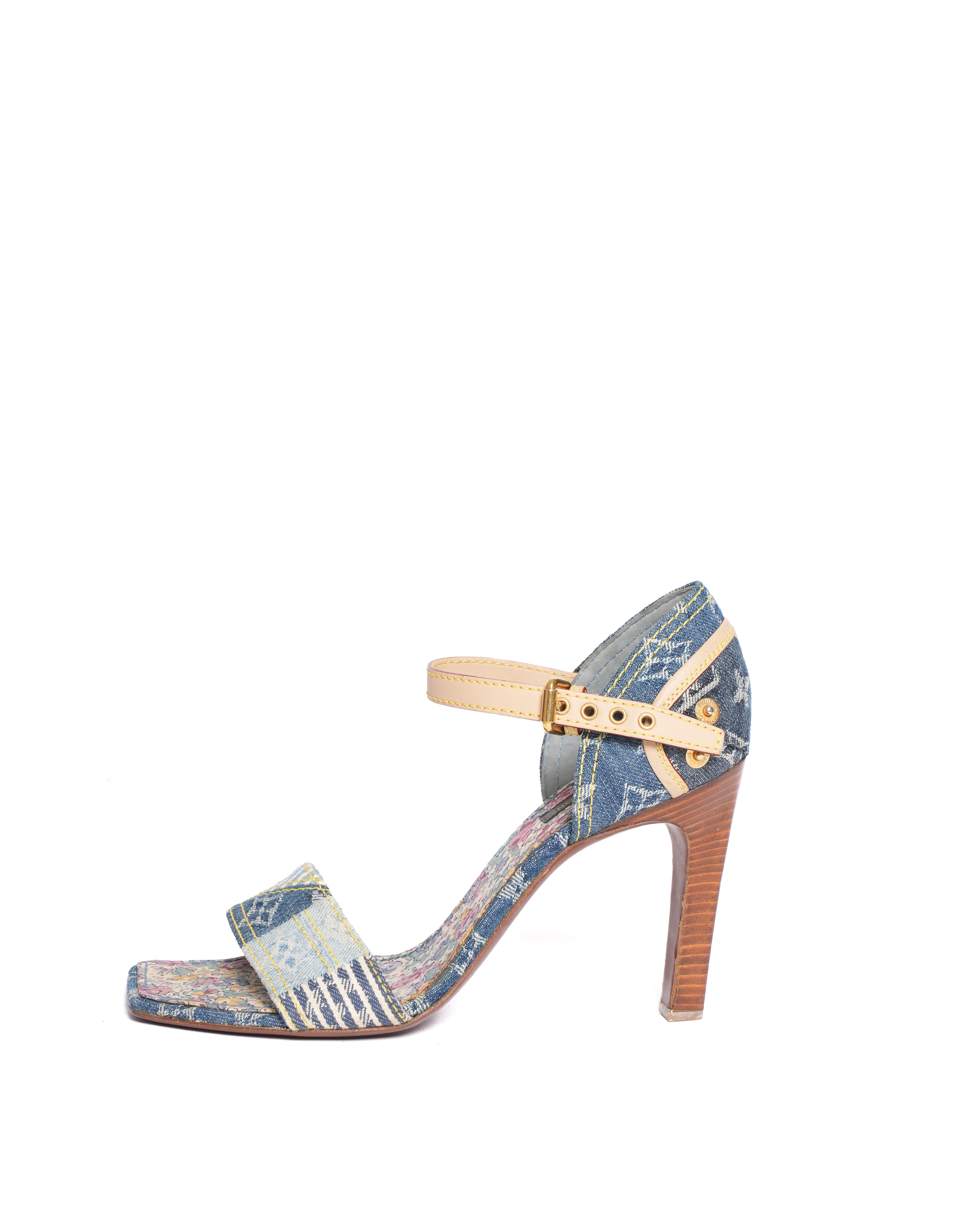 Louis Vuitton Blue Monogram Denim Leather Ankle Strap Heels
