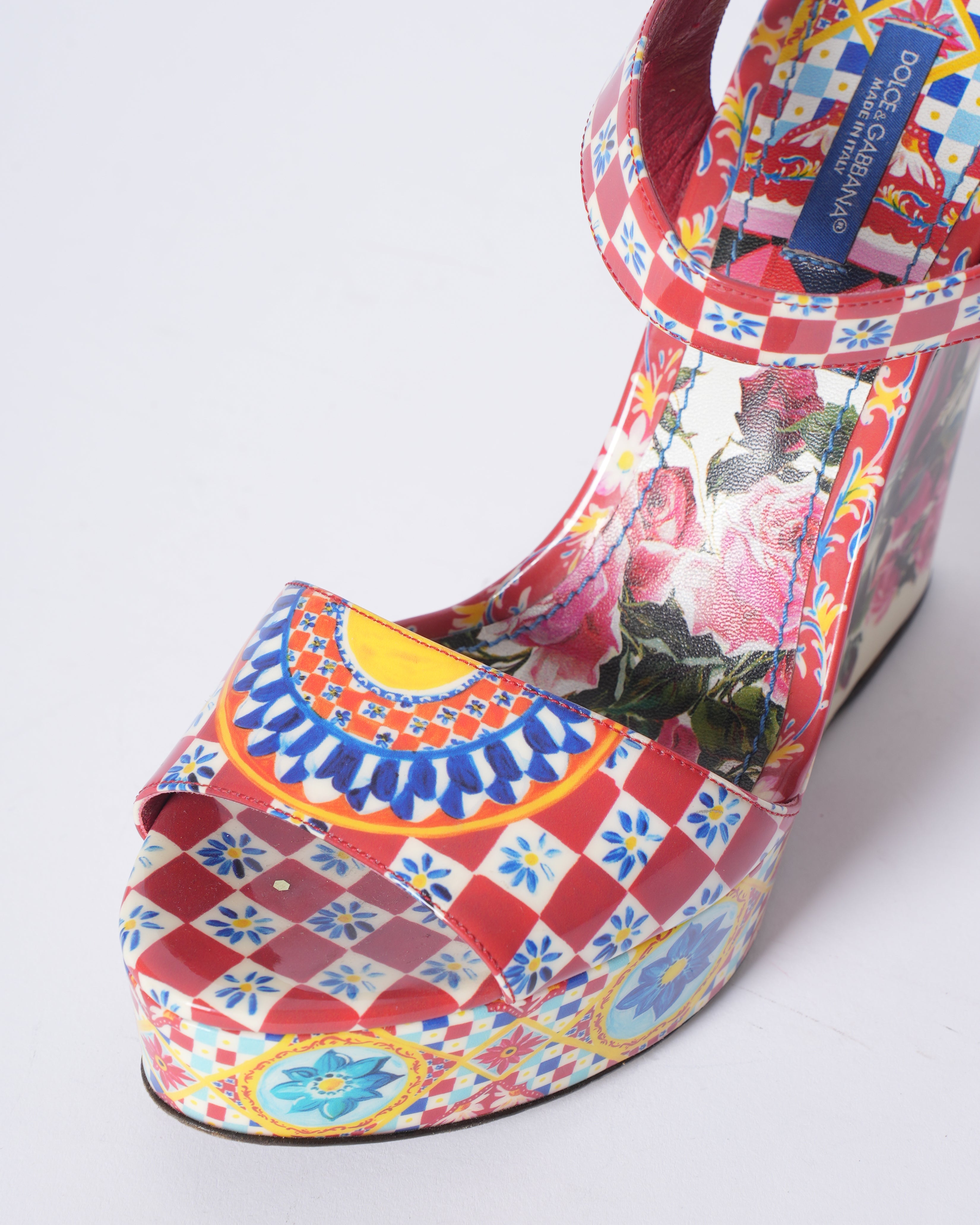Dolce & Gabanna Multicolour Printed Leaher Wedge Platform Ankle Strap Sandals
