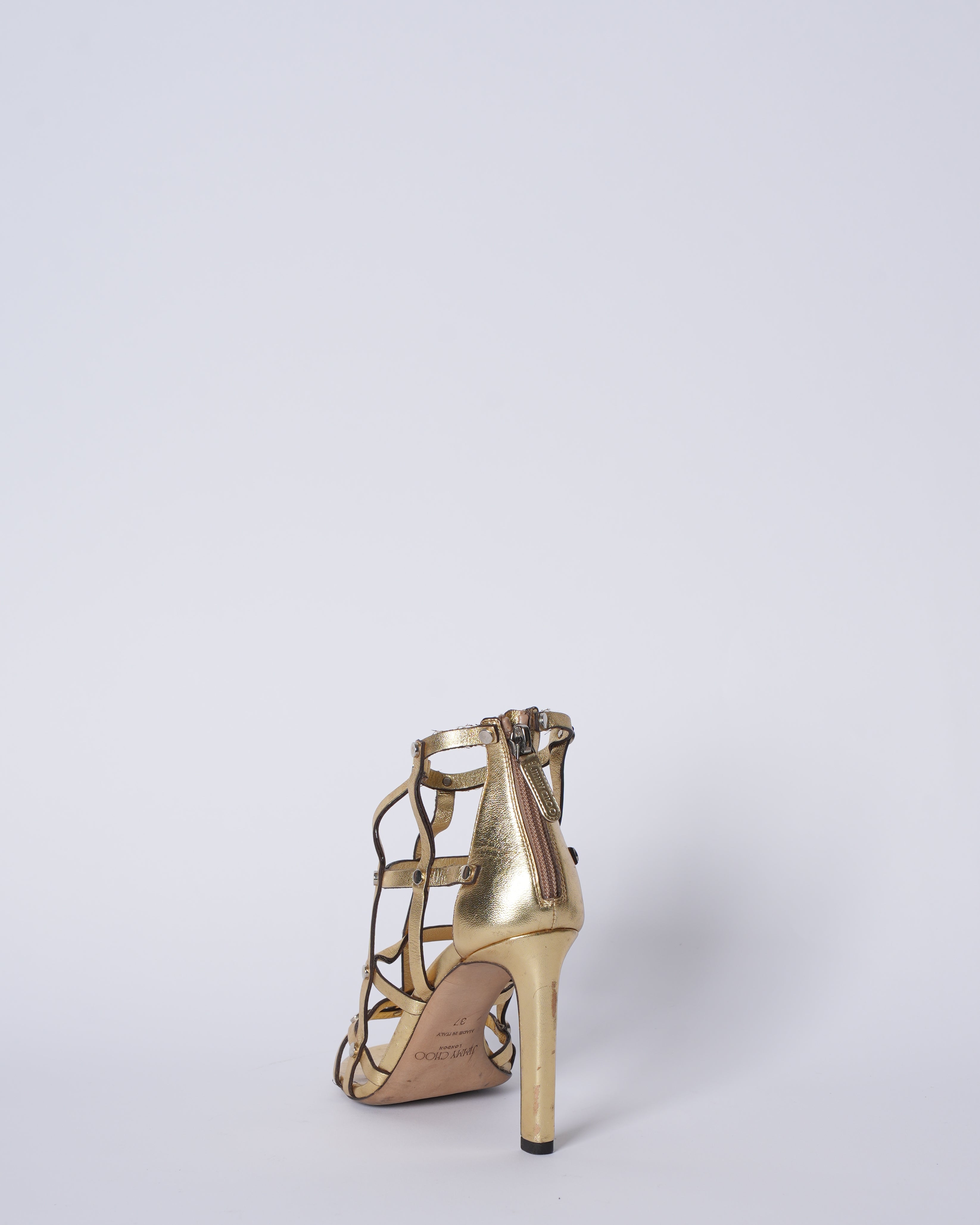 Jimmy Choo Metallic Gold Leather Cage Rina Studded Sandals