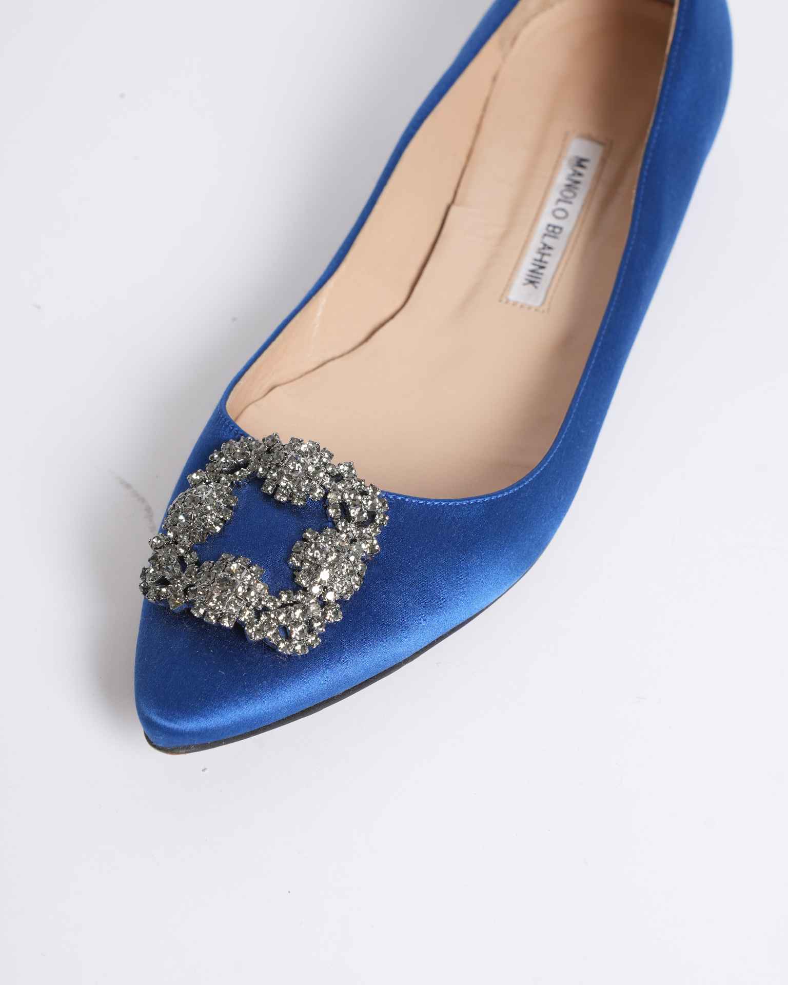 Manolo Blahnik Satin Jeweled Buckle Almond-Toe Flat Pumps