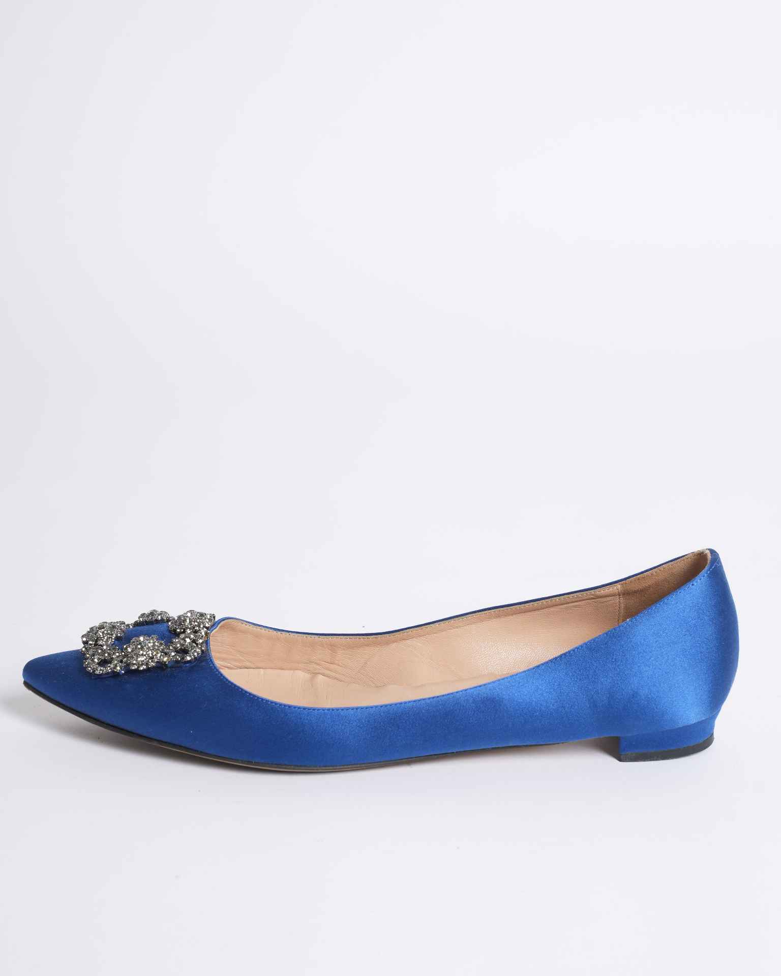 Manolo Blahnik Satin Jeweled Buckle Almond-Toe Flat Pumps