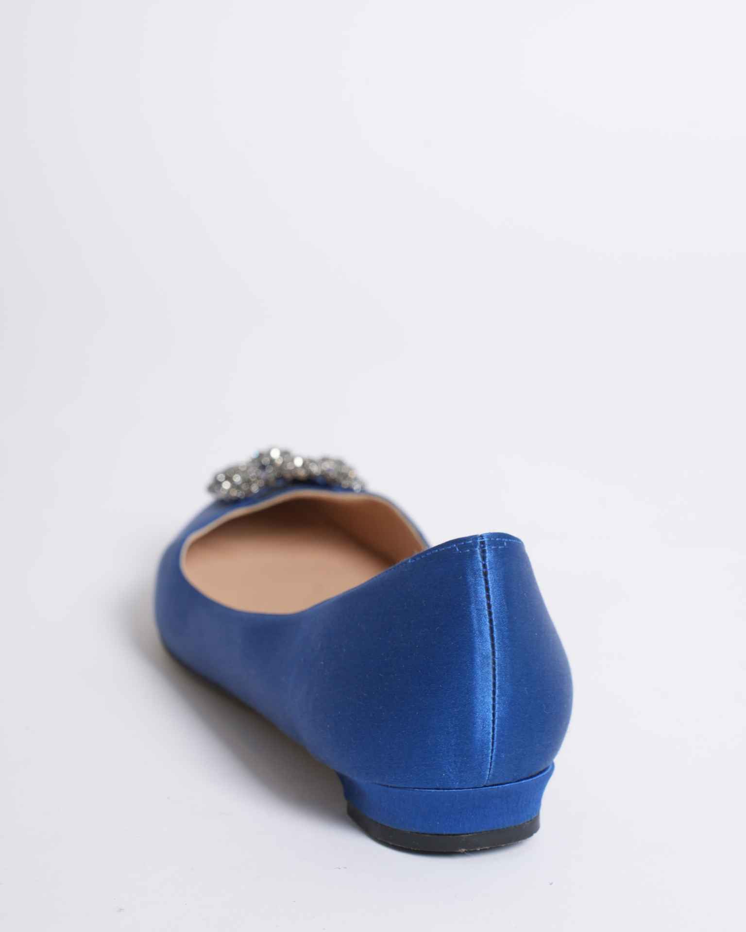Manolo Blahnik Satin Jeweled Buckle Almond-Toe Flat Pumps