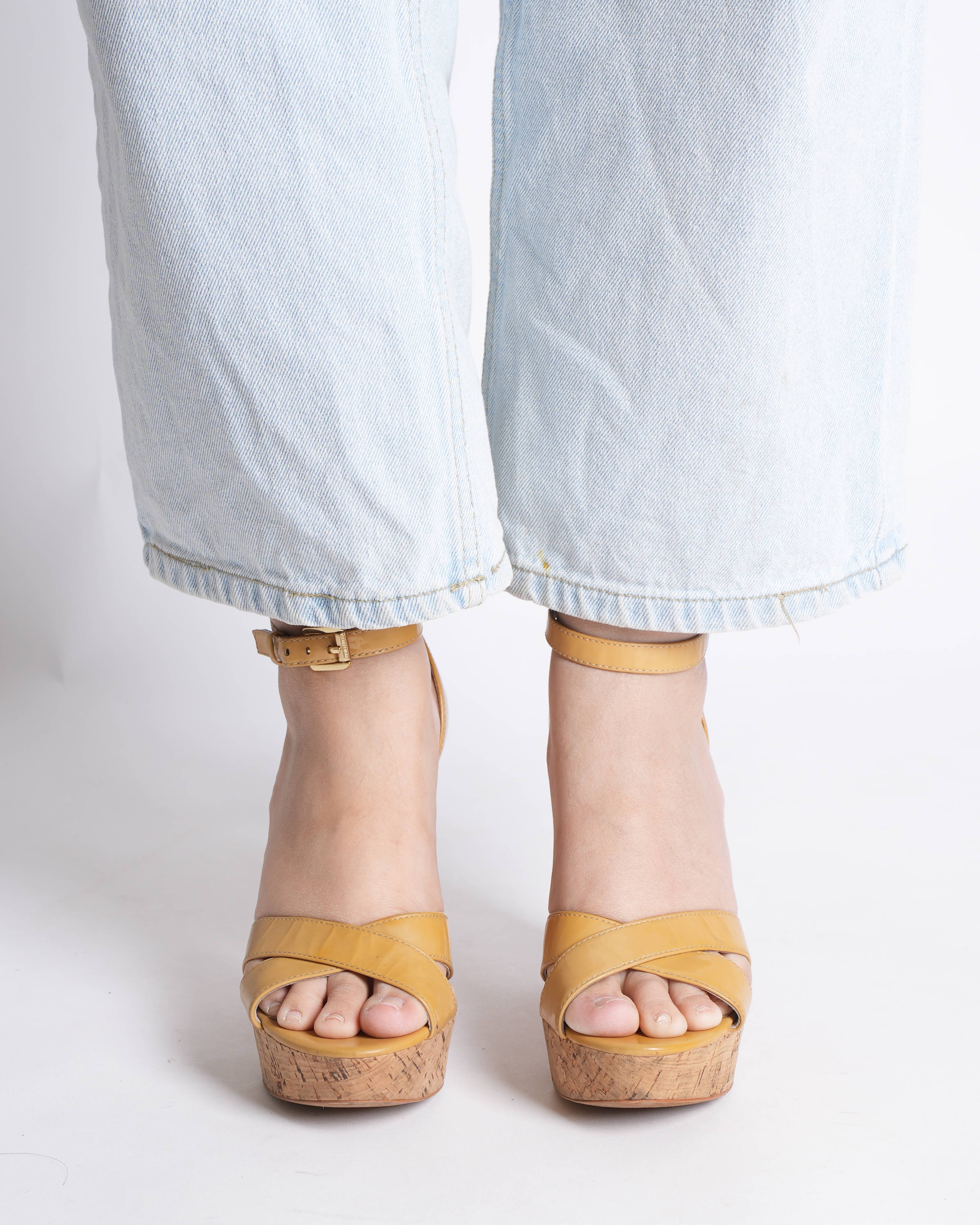 Michael Kors Ankle Closure Parent Leather Heels In Yellow