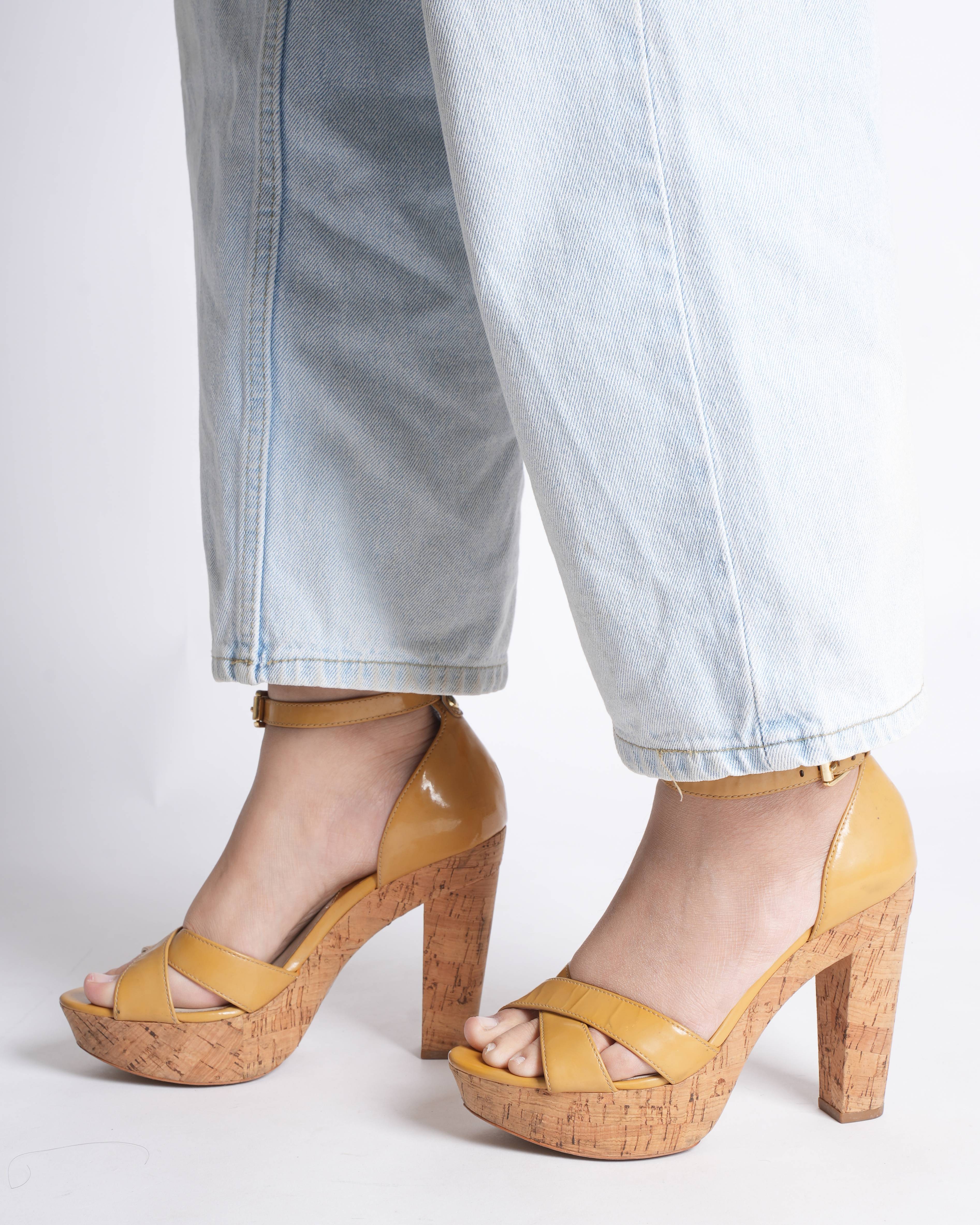 Michael Kors Ankle Closure Parent Leather Heels In Yellow