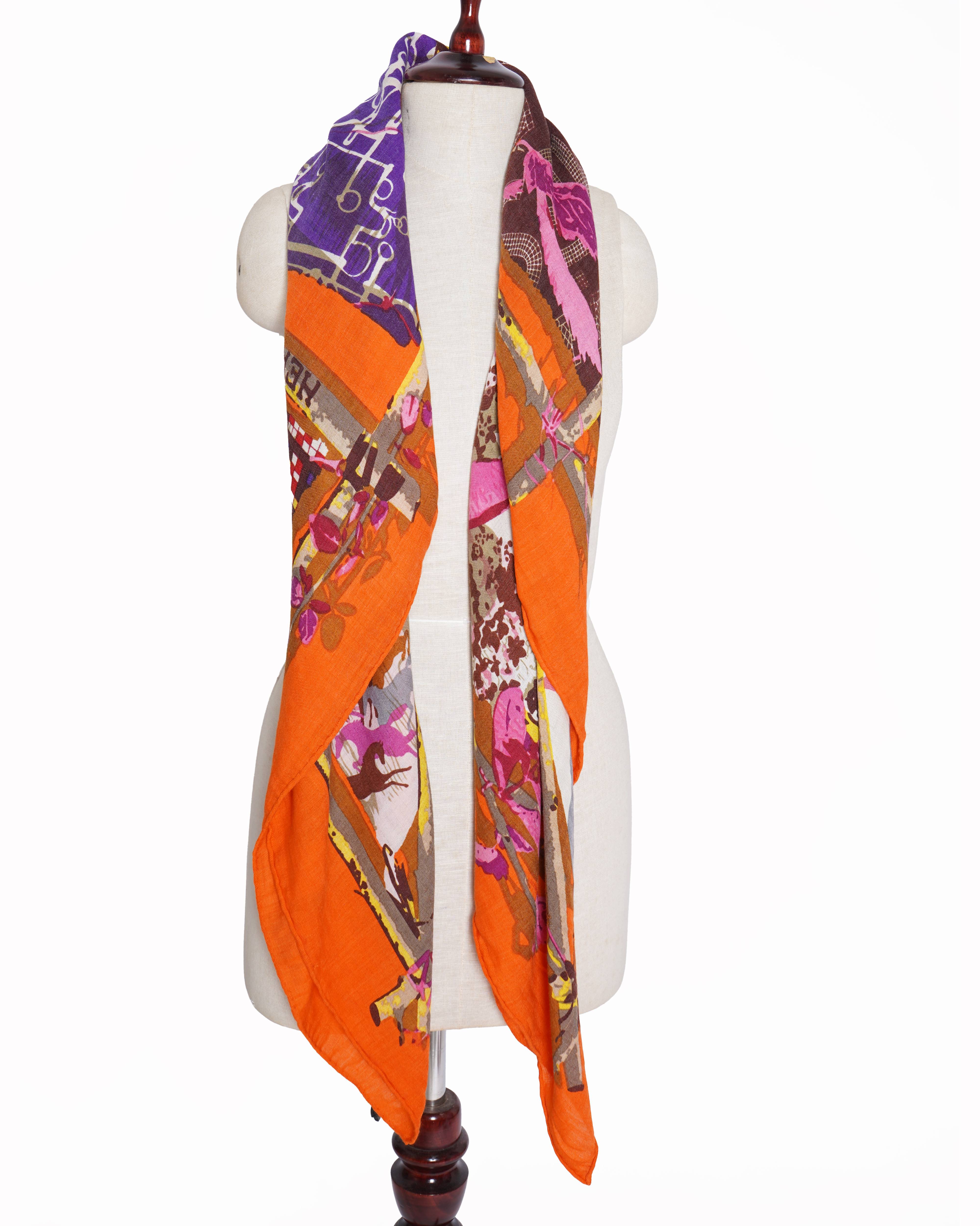 Hermes Orange Multi Silk Le Robinson Chic Scarf