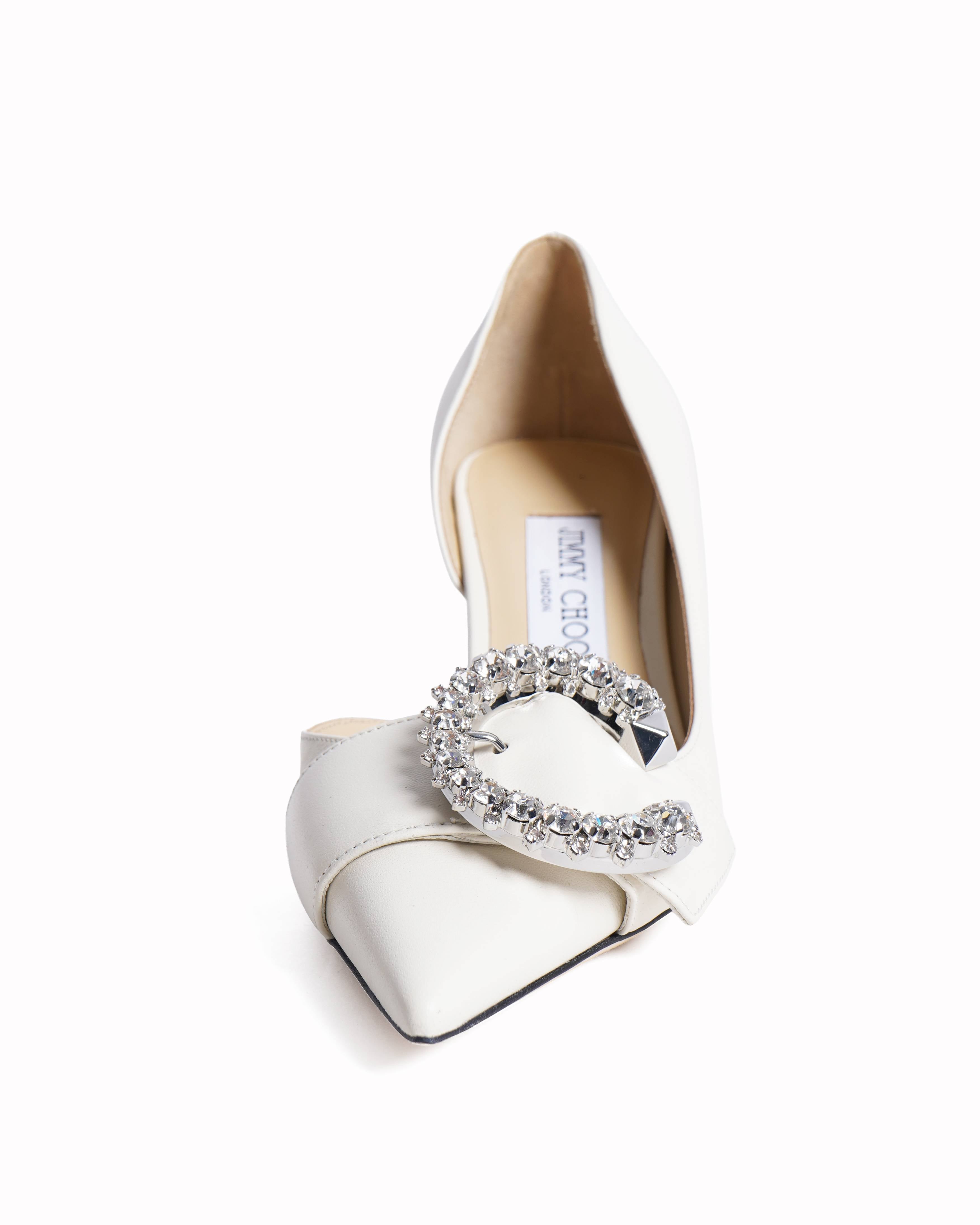 Jimmy Choo Melva Ivory Leather D’Orsay Pumps With Crystal Buckle
