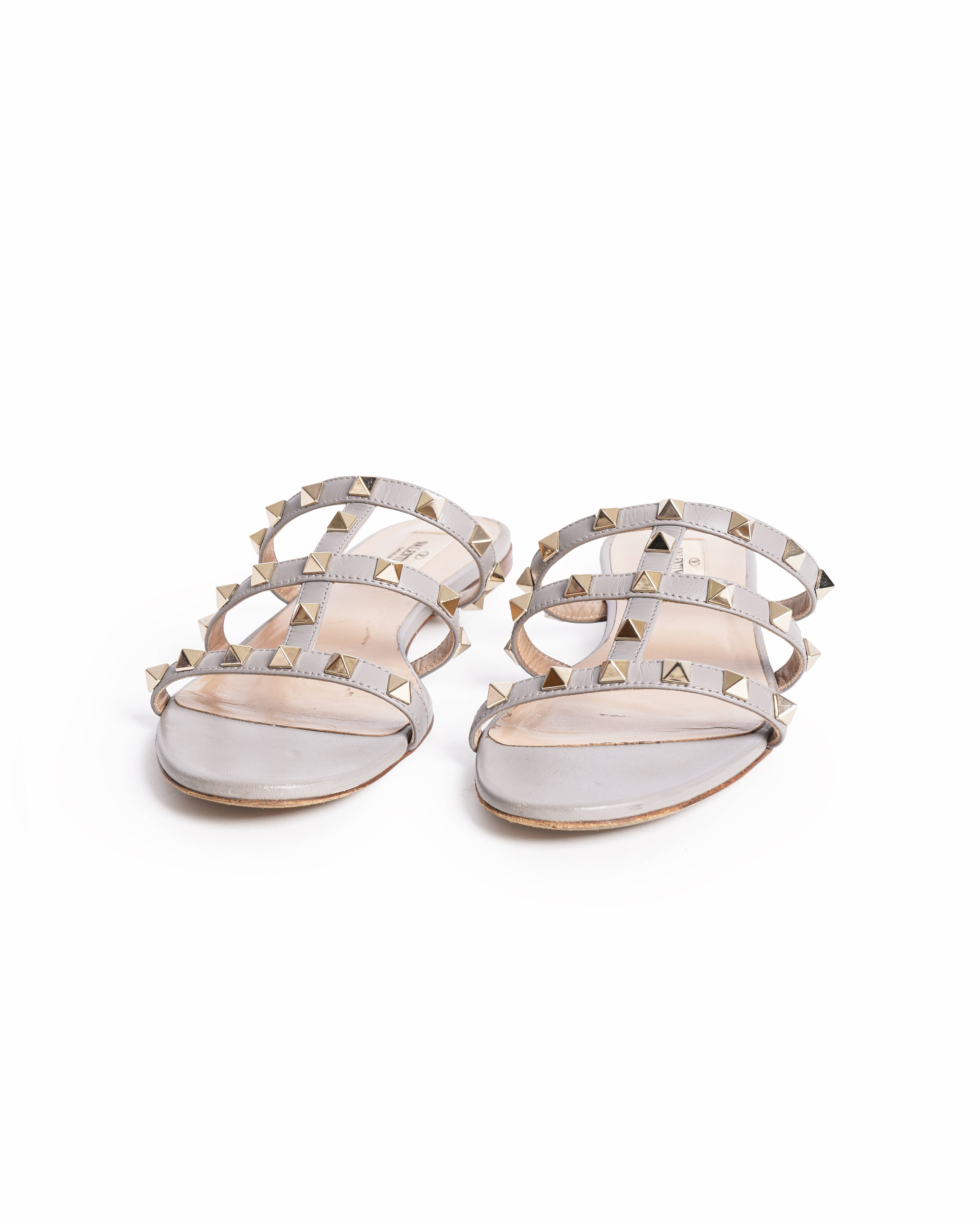 Valentino Garavani Grey Leather Rockstud Cage Flat Slides