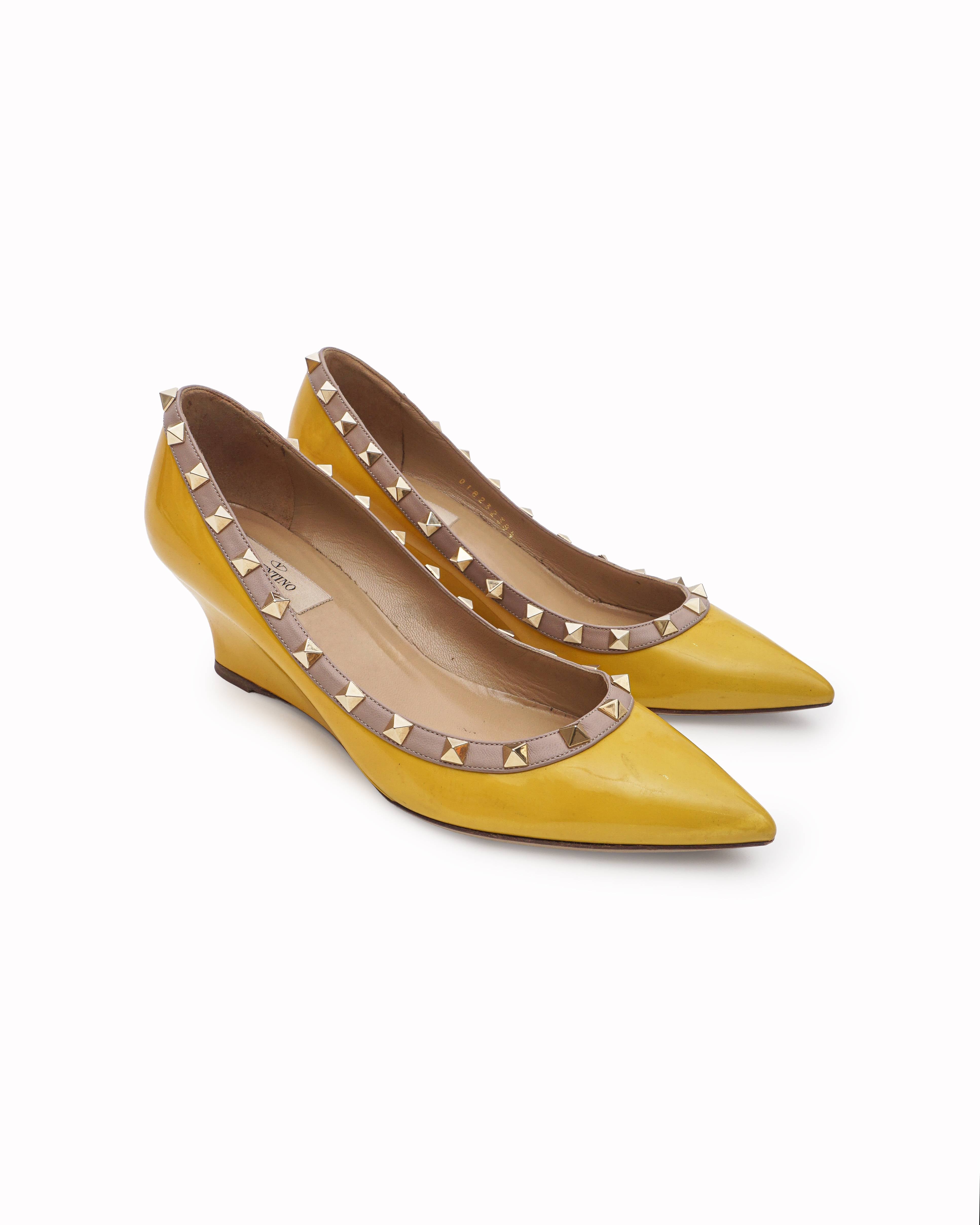 Valentino Yellow Patent Leather Rockstud Wedge Pumps